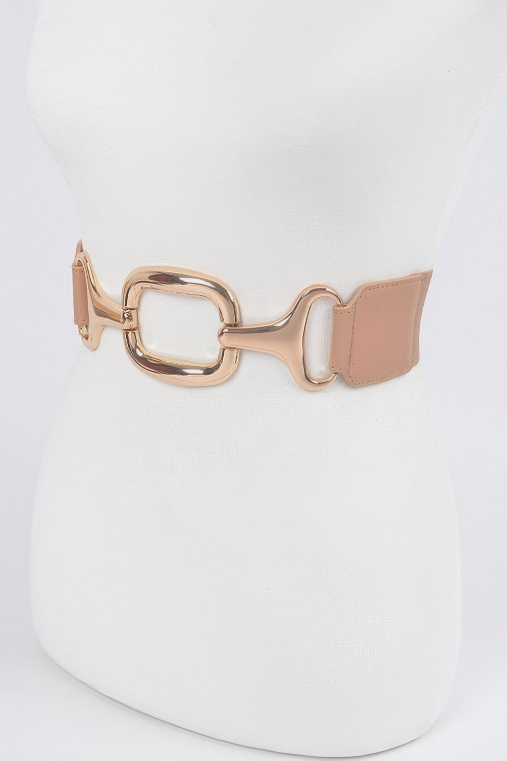 Nude stretch plus size belt with rose-gold square buckle and side snap closures