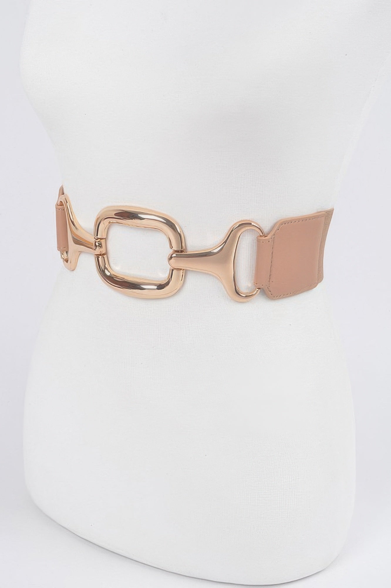 Nude stretch plus size belt with rose-gold square buckle and side snap closures