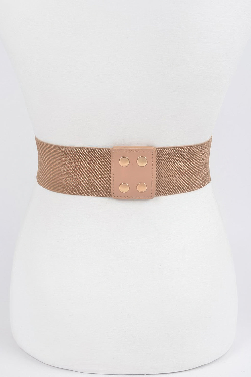 Nude stretch plus size belt with metal snap grommets and rose-gold square buckle