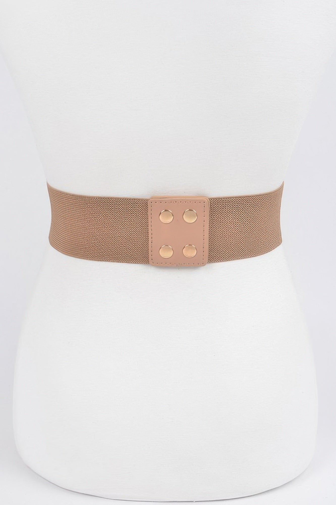Nude stretch plus size belt with metal snap grommets and rose-gold square buckle