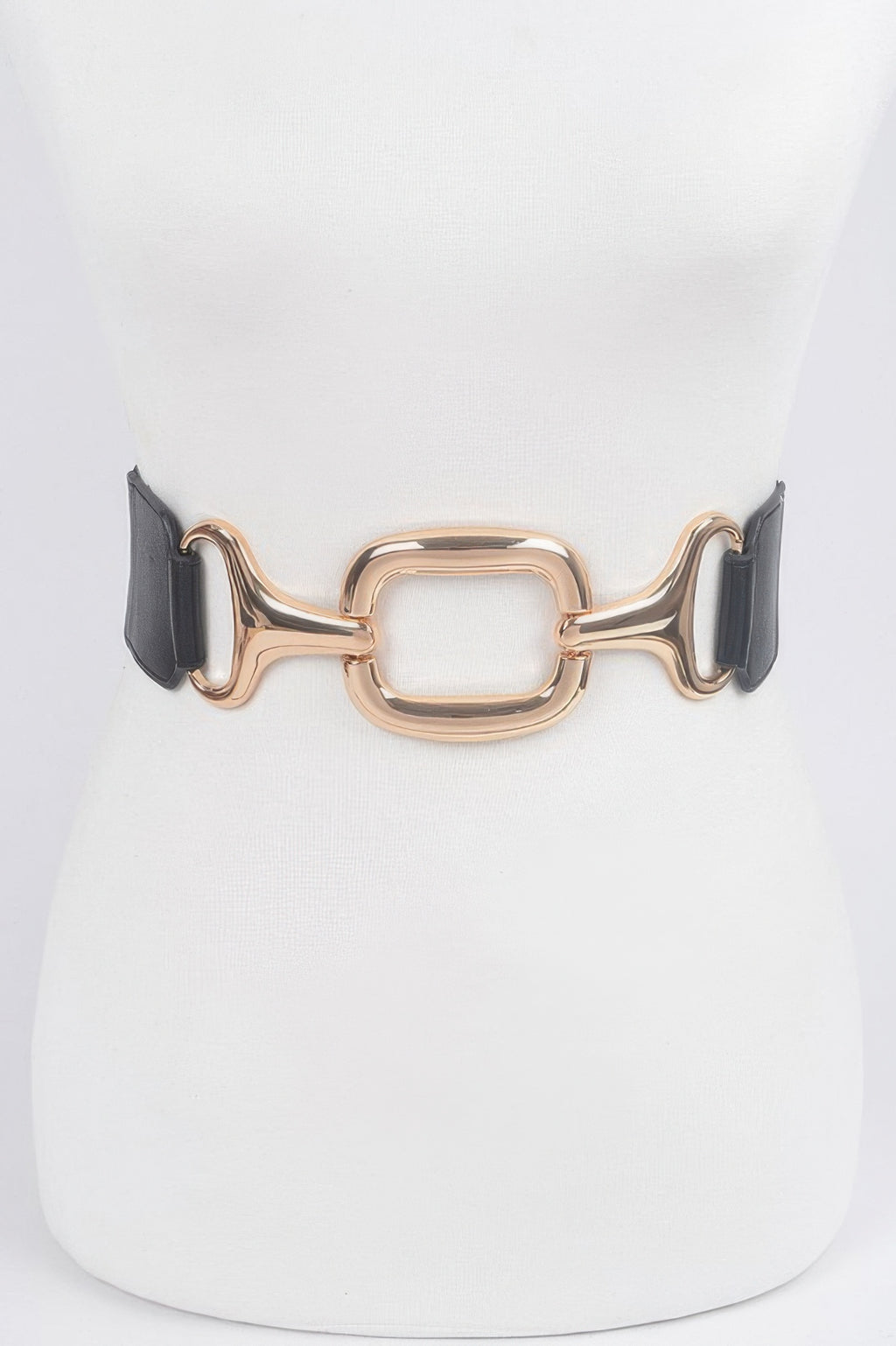 Black stretch plus size belt with rose-gold square metal buckle and ring details