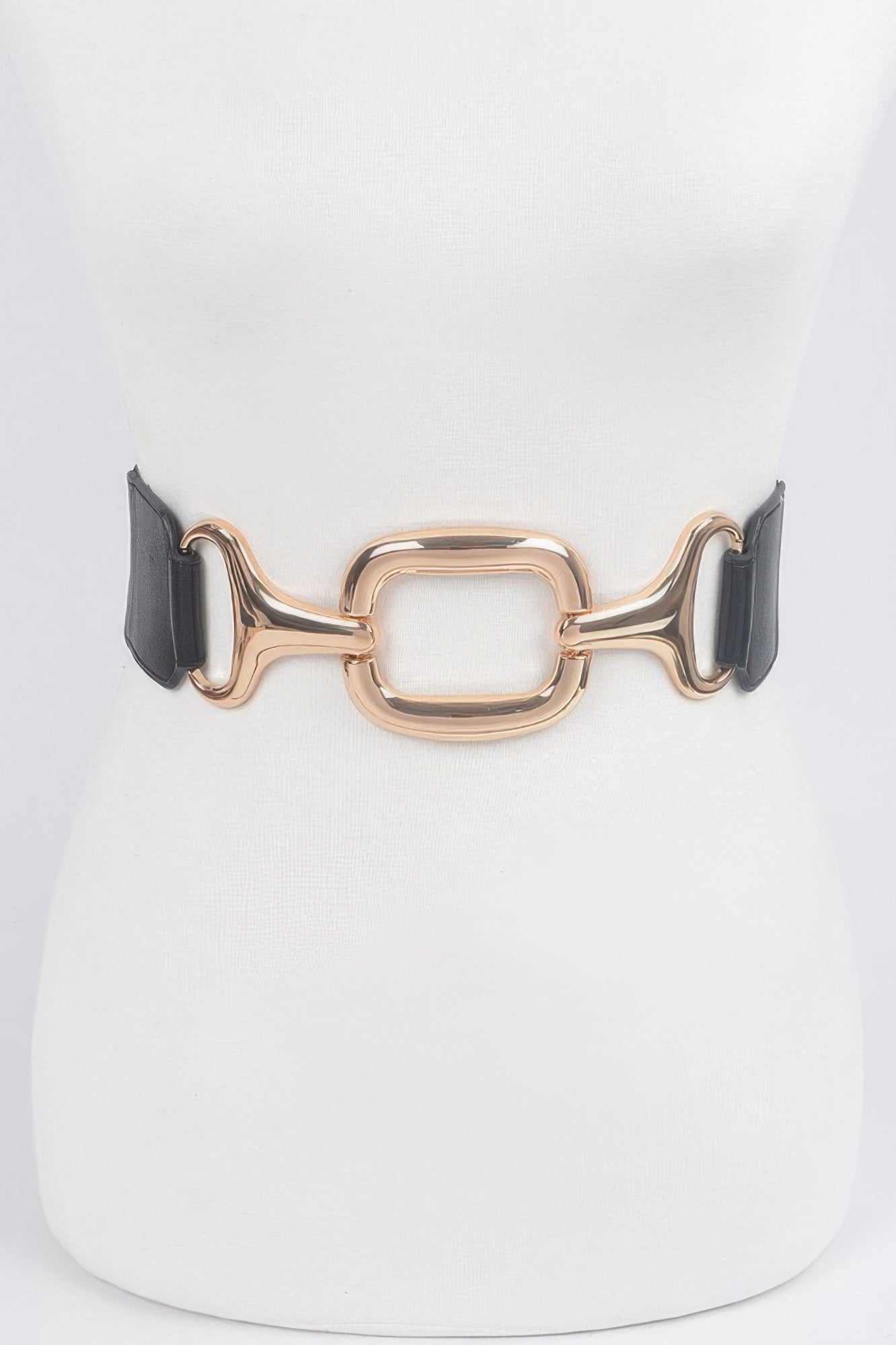 Black stretch plus size belt with rose-gold square metal buckle and ring details