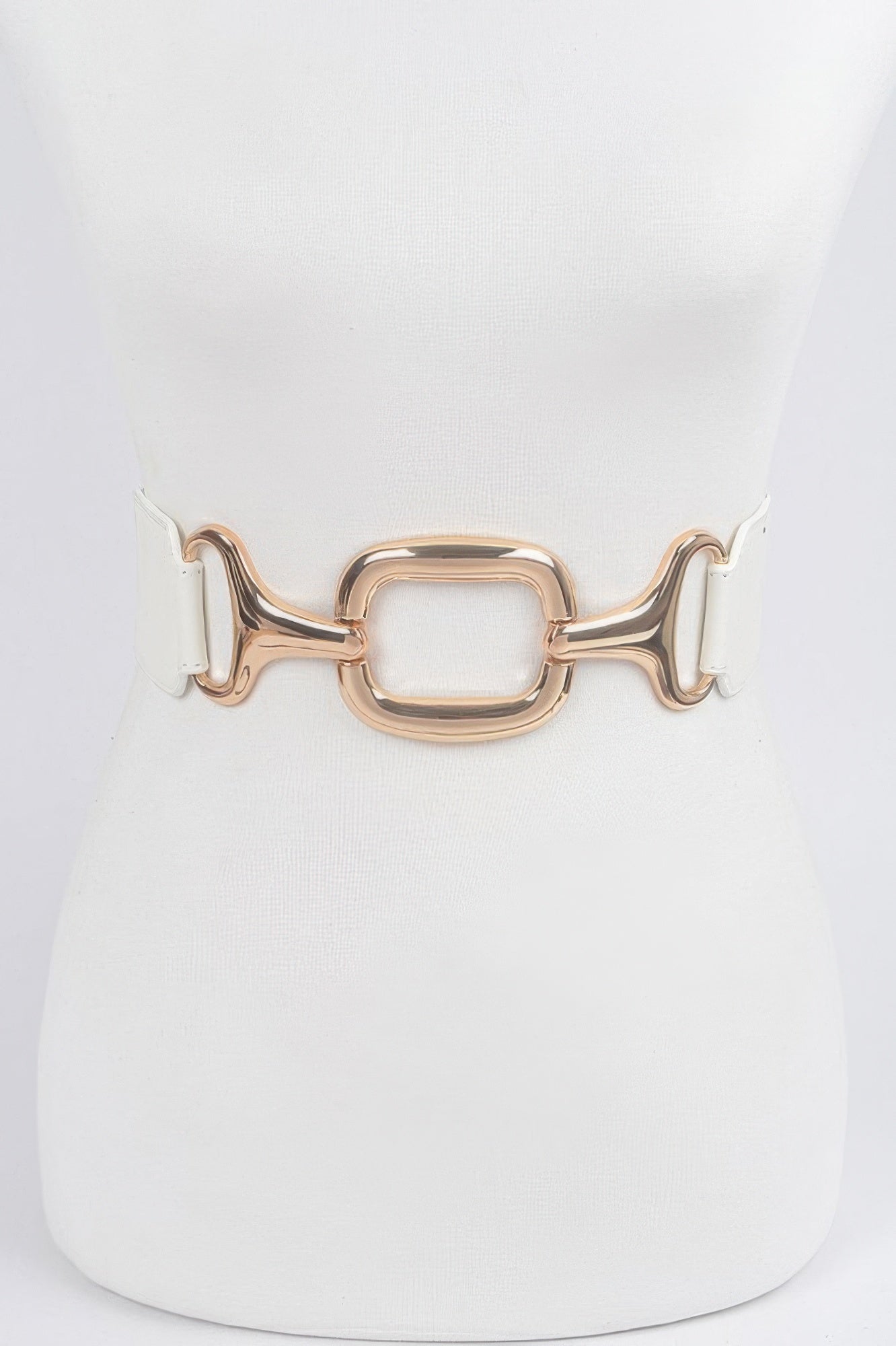 White stretch plus size belt with rose-gold square center buckle and side closures