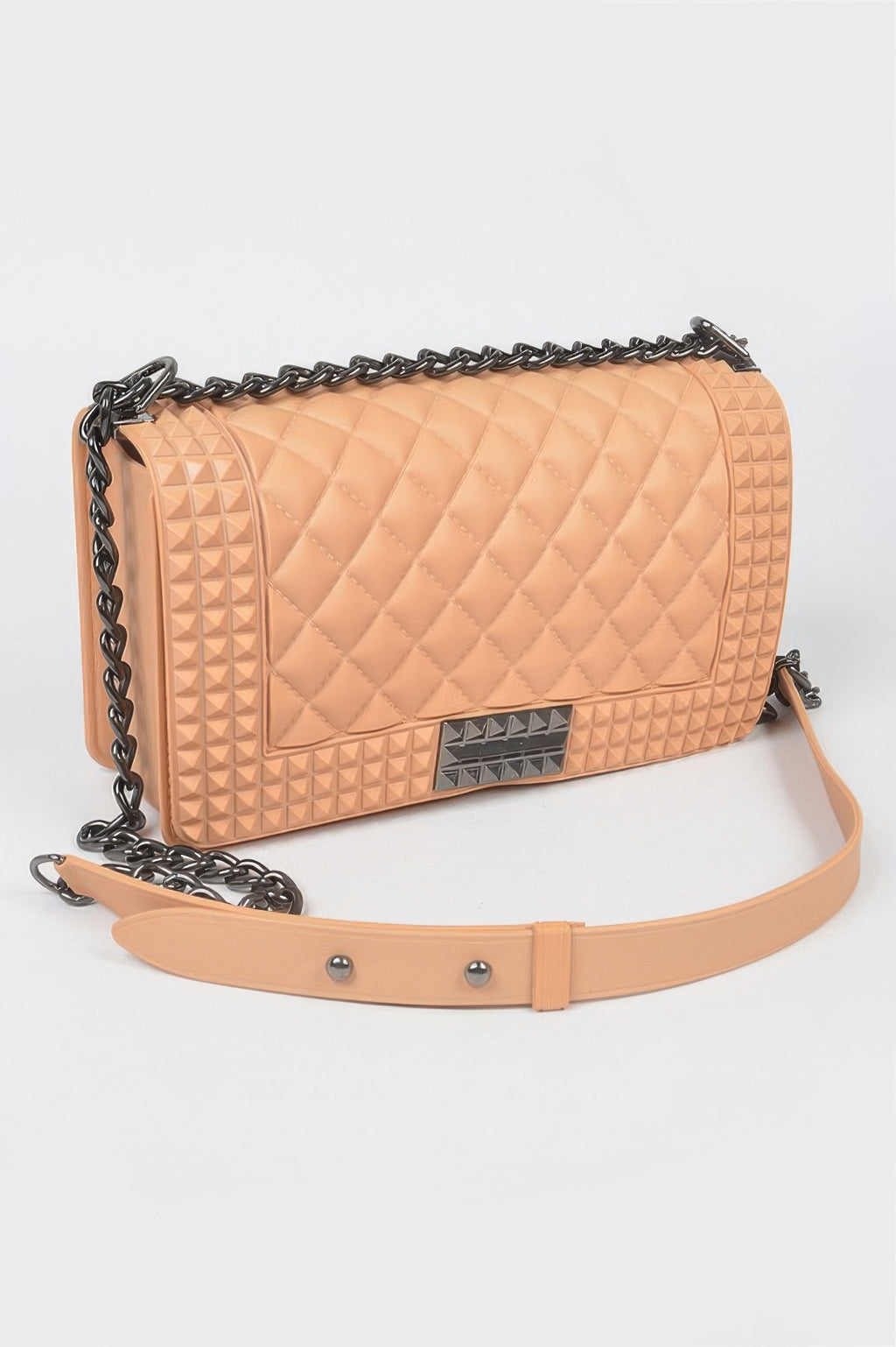 Quilted embossed jelly bag, nude color, chain strap, flap with magnetic clasp