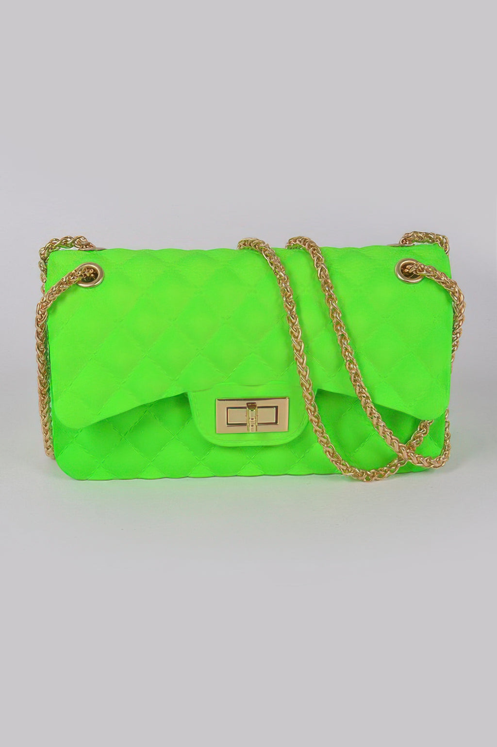 Neon green quilted clutch with gold-tone chain and front clasp