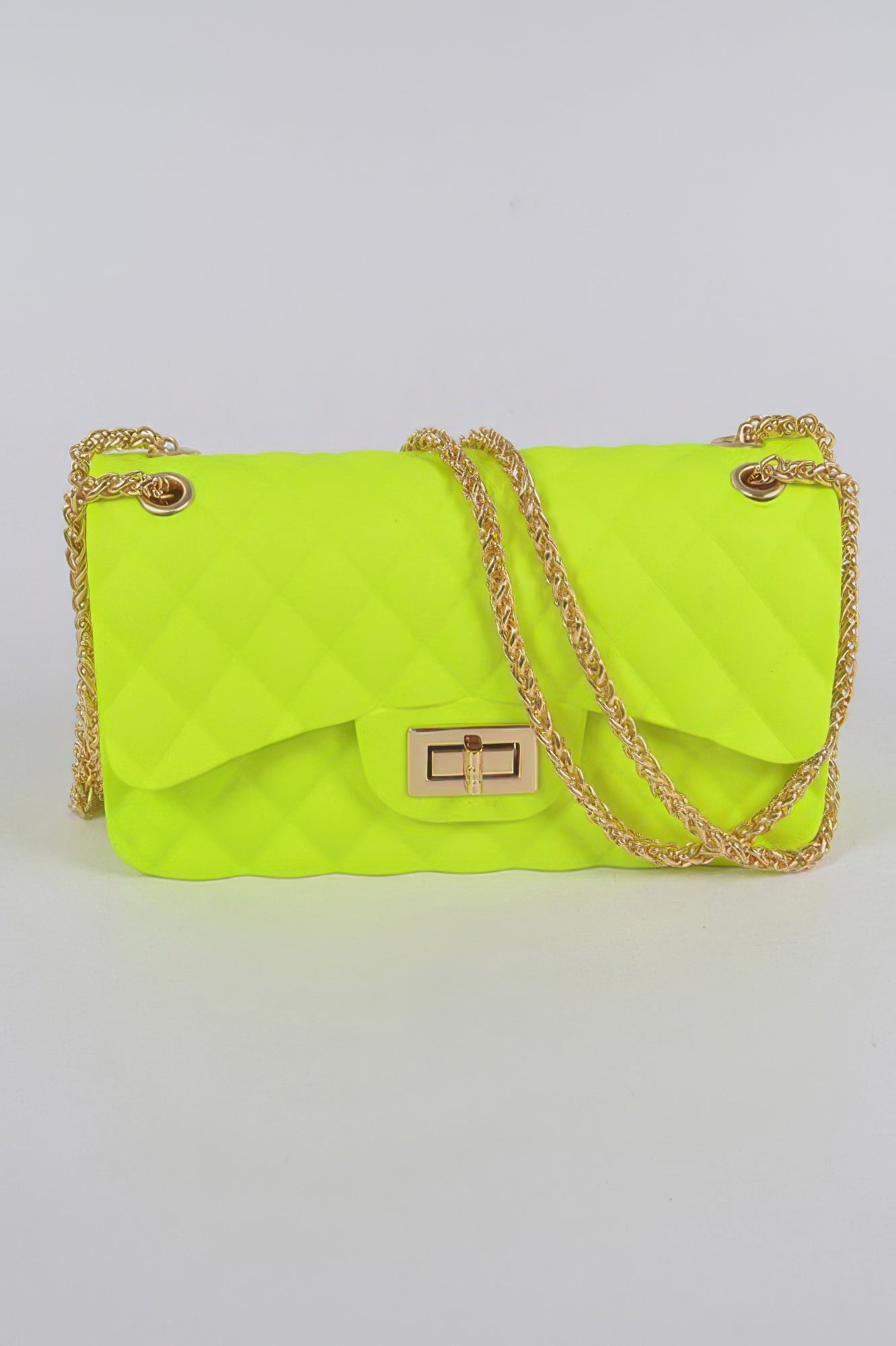 Neon green quilted clutch, gold-tone chain and rectangular front clasp