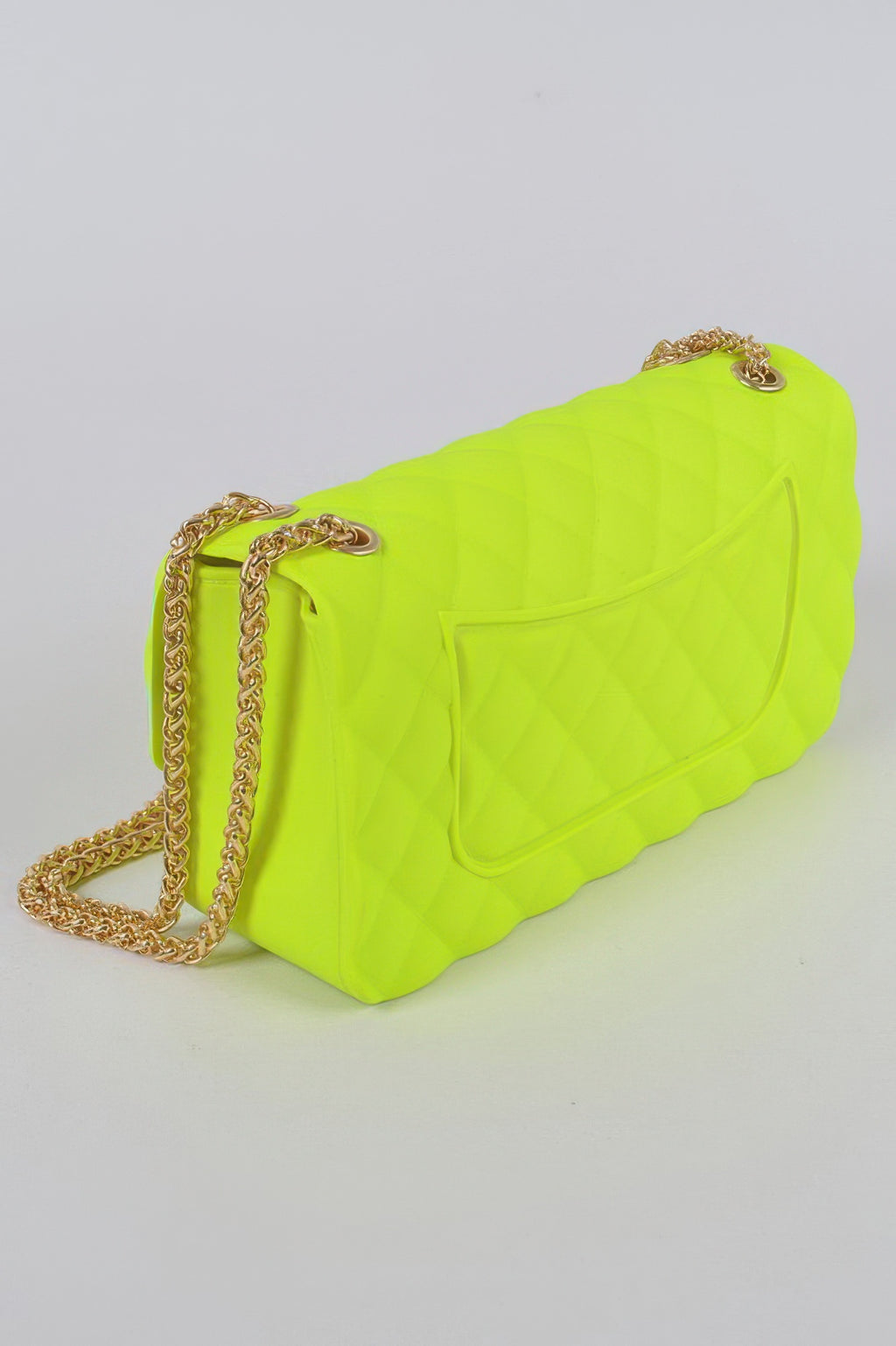 Neon green quilted shoulder clutch with gold chain and front clasp
