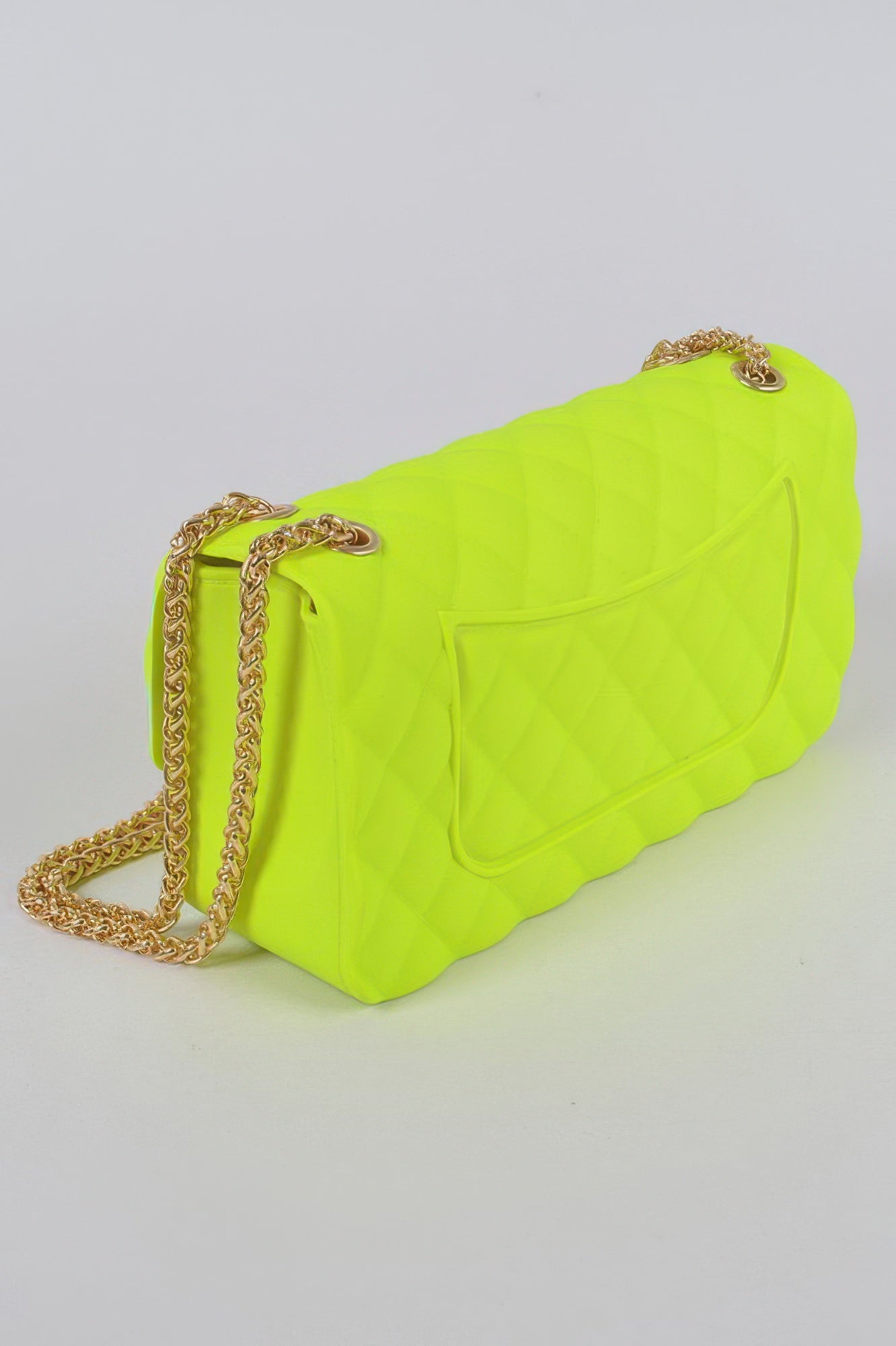 Neon green quilted shoulder clutch with gold chain and front clasp