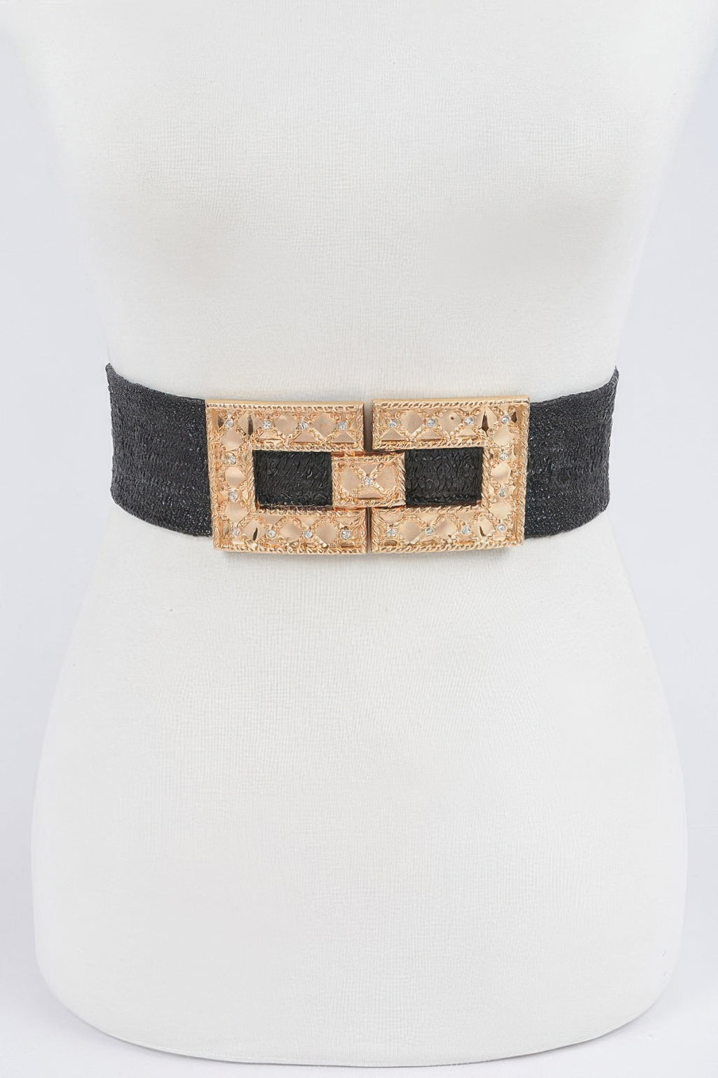 Black plus-size stretch straw belt with rhinestone buckle and square gems