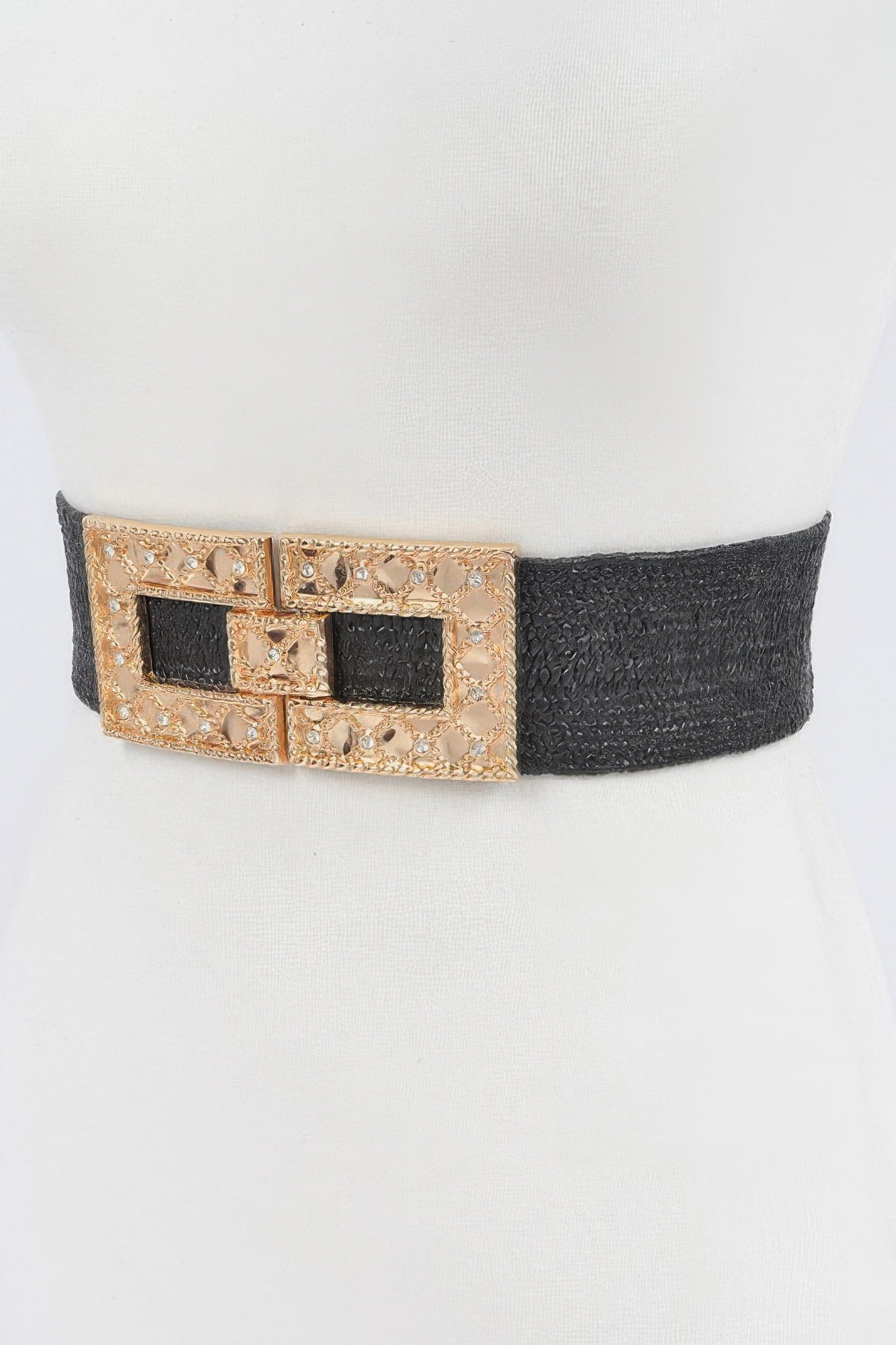 Black stretch belt with ornate gold rhinestone buckle and black inset squares