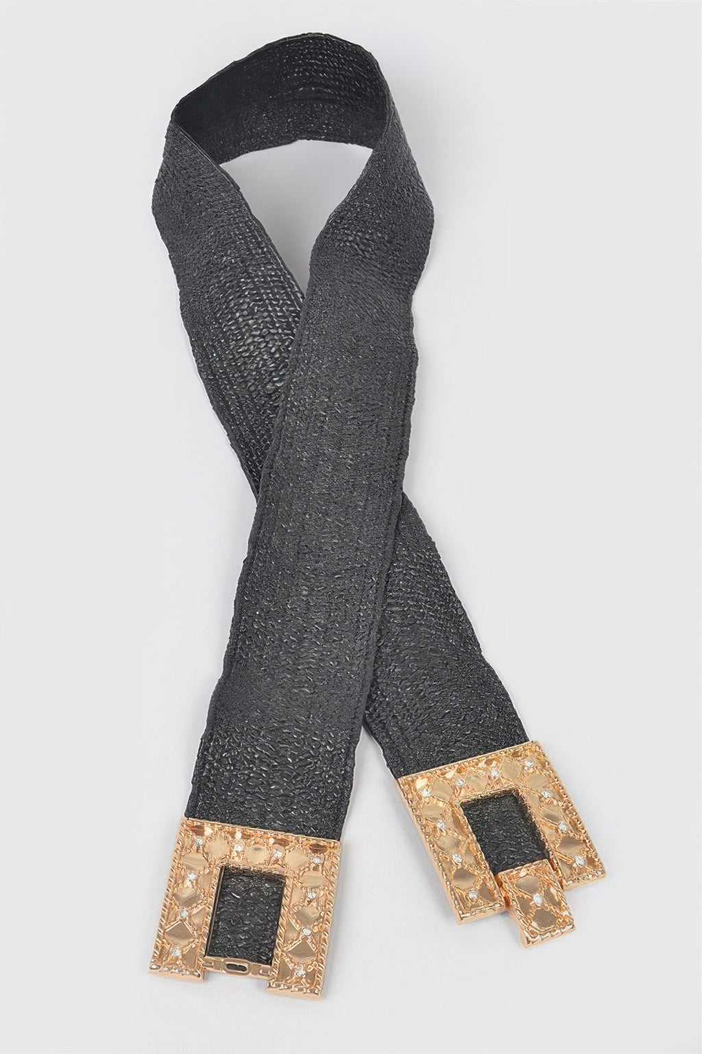 Black stretch straw belt with gold rhinestone buckle and black square inserts