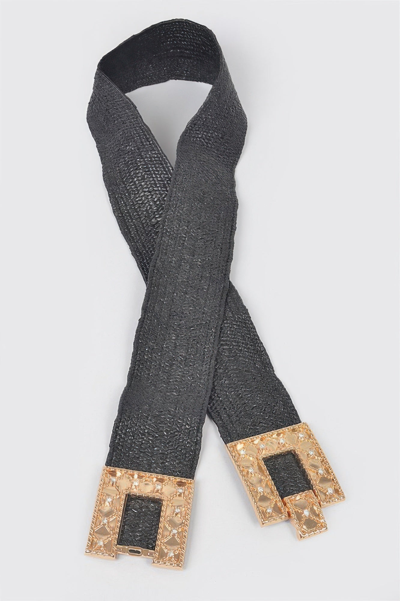 Black stretch straw belt with gold rhinestone buckle and black square inserts