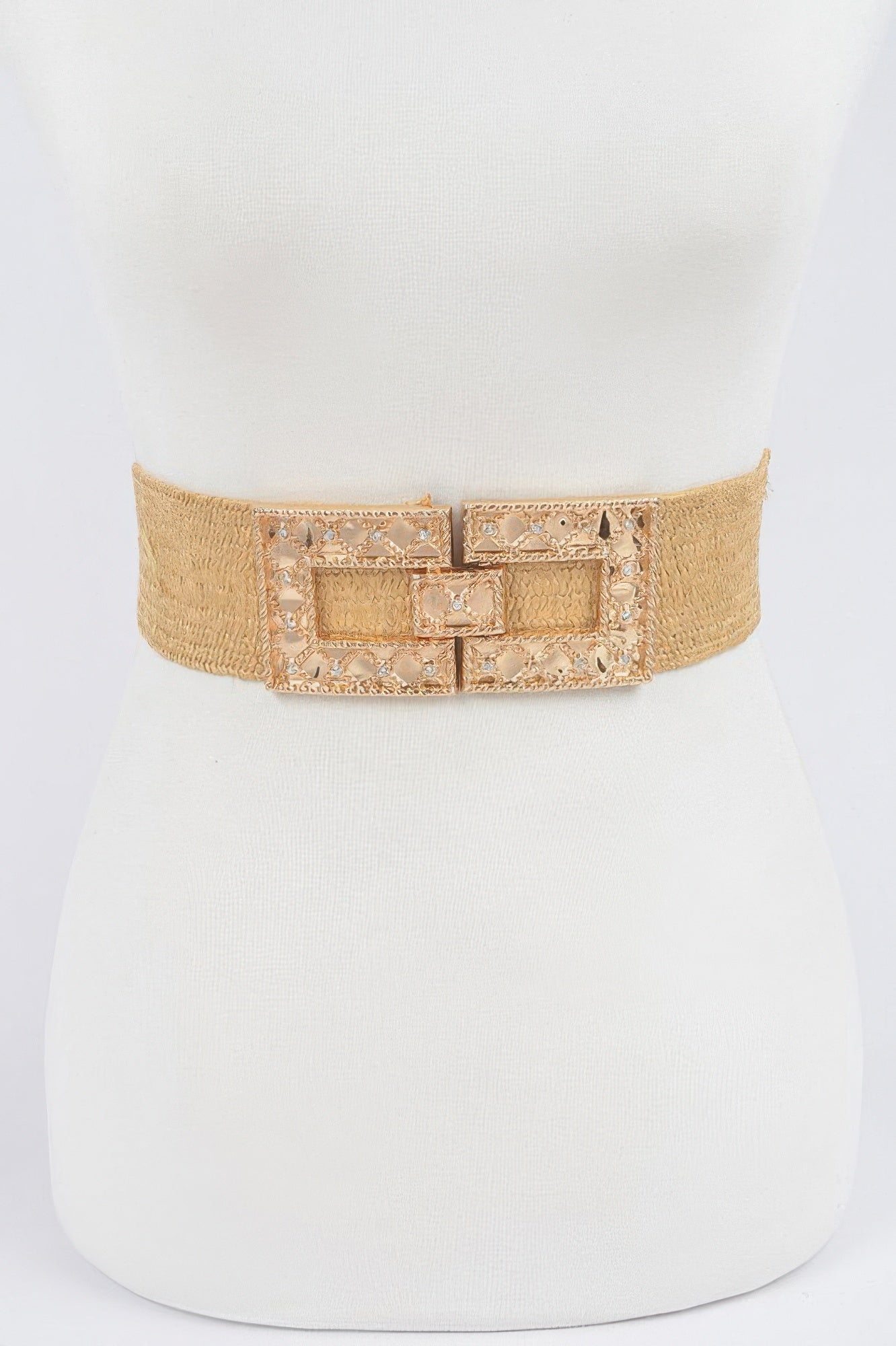 Khaki plus-size stretch straw belt with gold rhinestone buckle and square gems