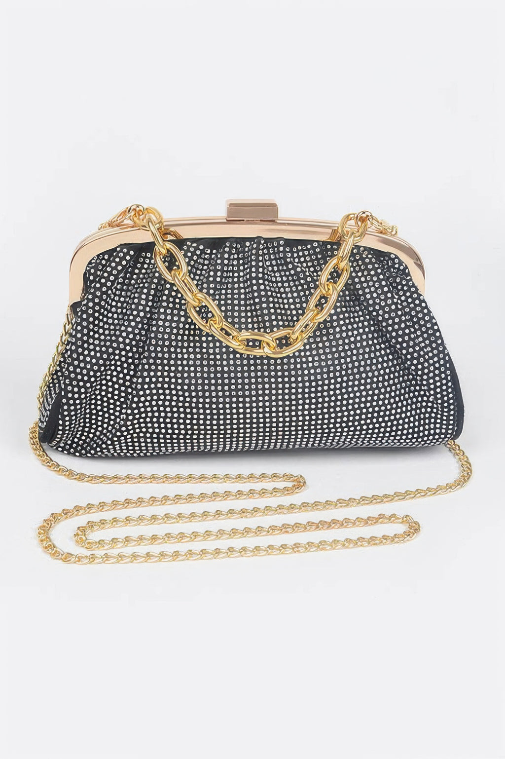 Hotfix Party Clutch (Black) with gold chain handle and metallic frame clasp.