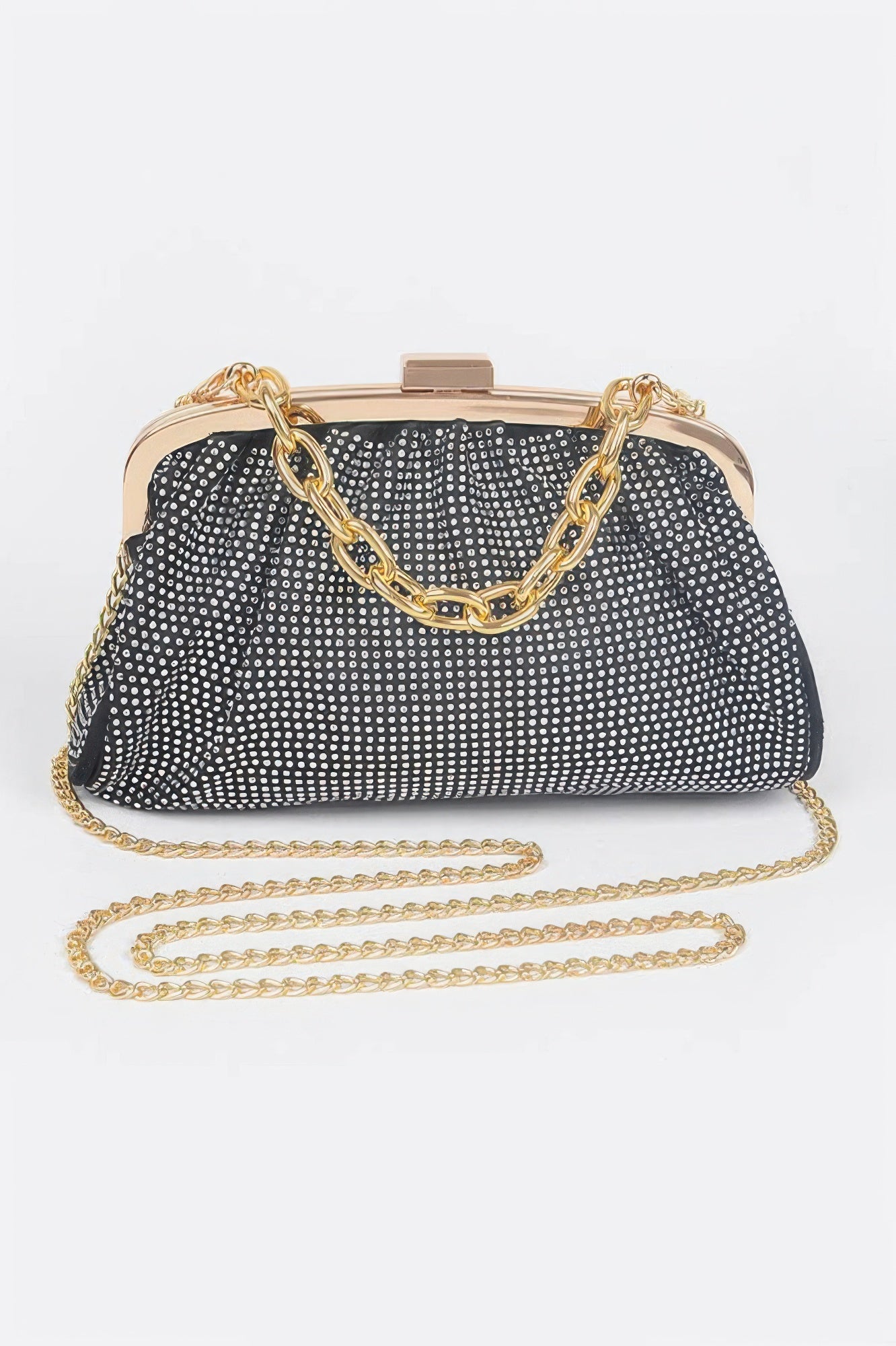 Hotfix Party Clutch (Black) with gold chain handle and metallic frame clasp.