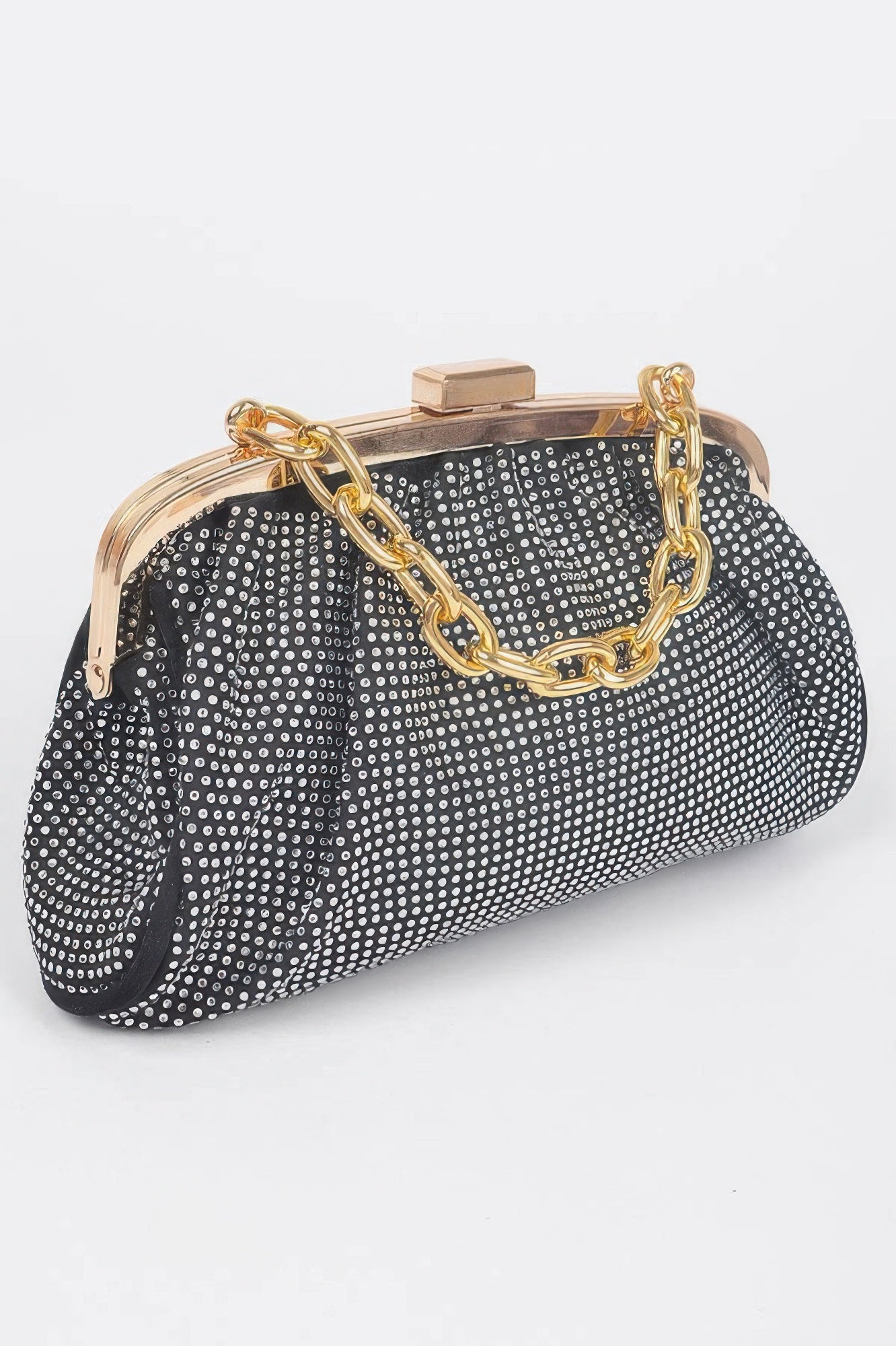 Hotfix Party Clutch in black with all-over rhinestone-like studs and gold chain.