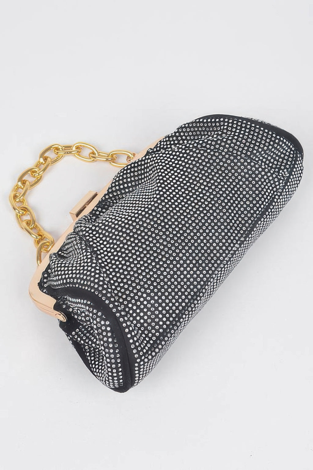 Black Hotfix Party Clutch angled view with gold chain strap and top clasp.