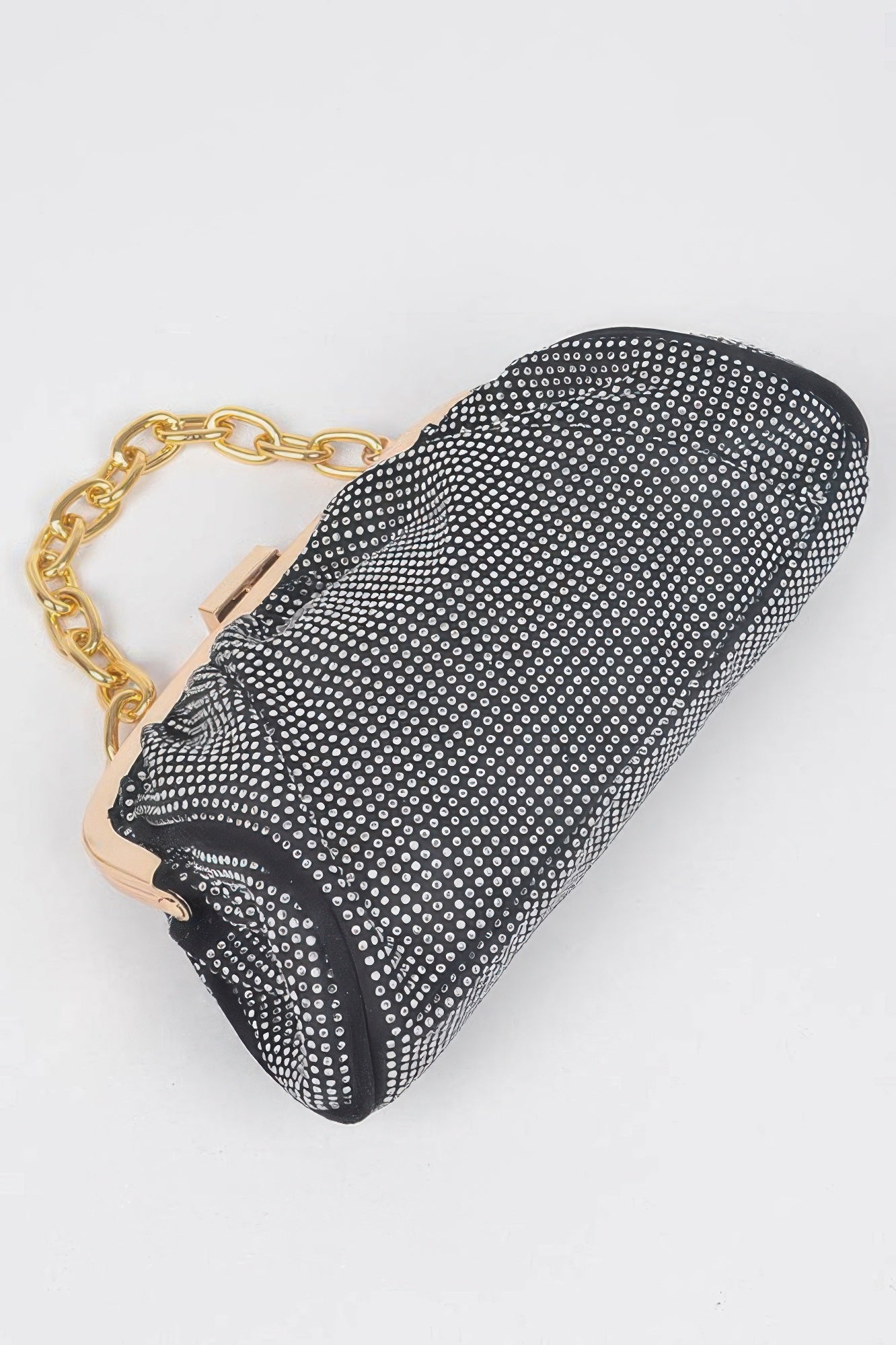 Black Hotfix Party Clutch angled view with gold chain strap and top clasp.