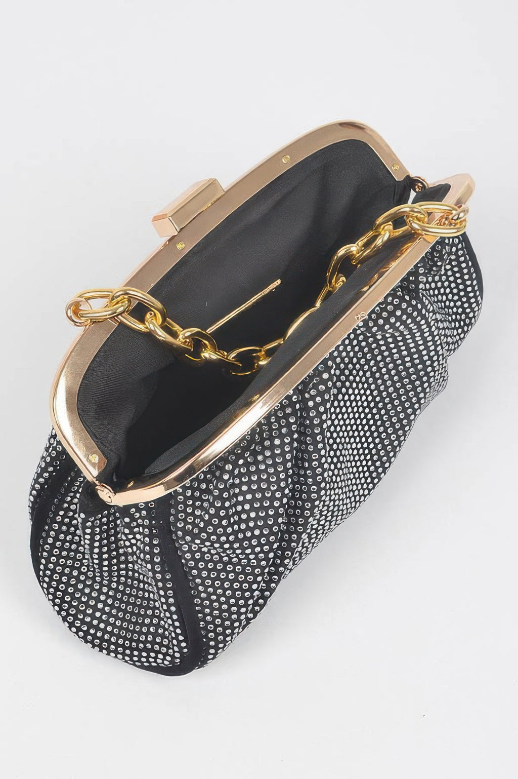 Black Hotfix Party Clutch open-top view showing inner lining and gold chain handle.