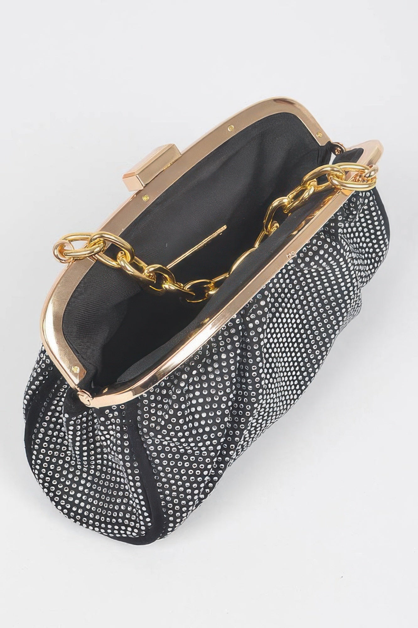 Black Hotfix Party Clutch open-top view showing inner lining and gold chain handle.