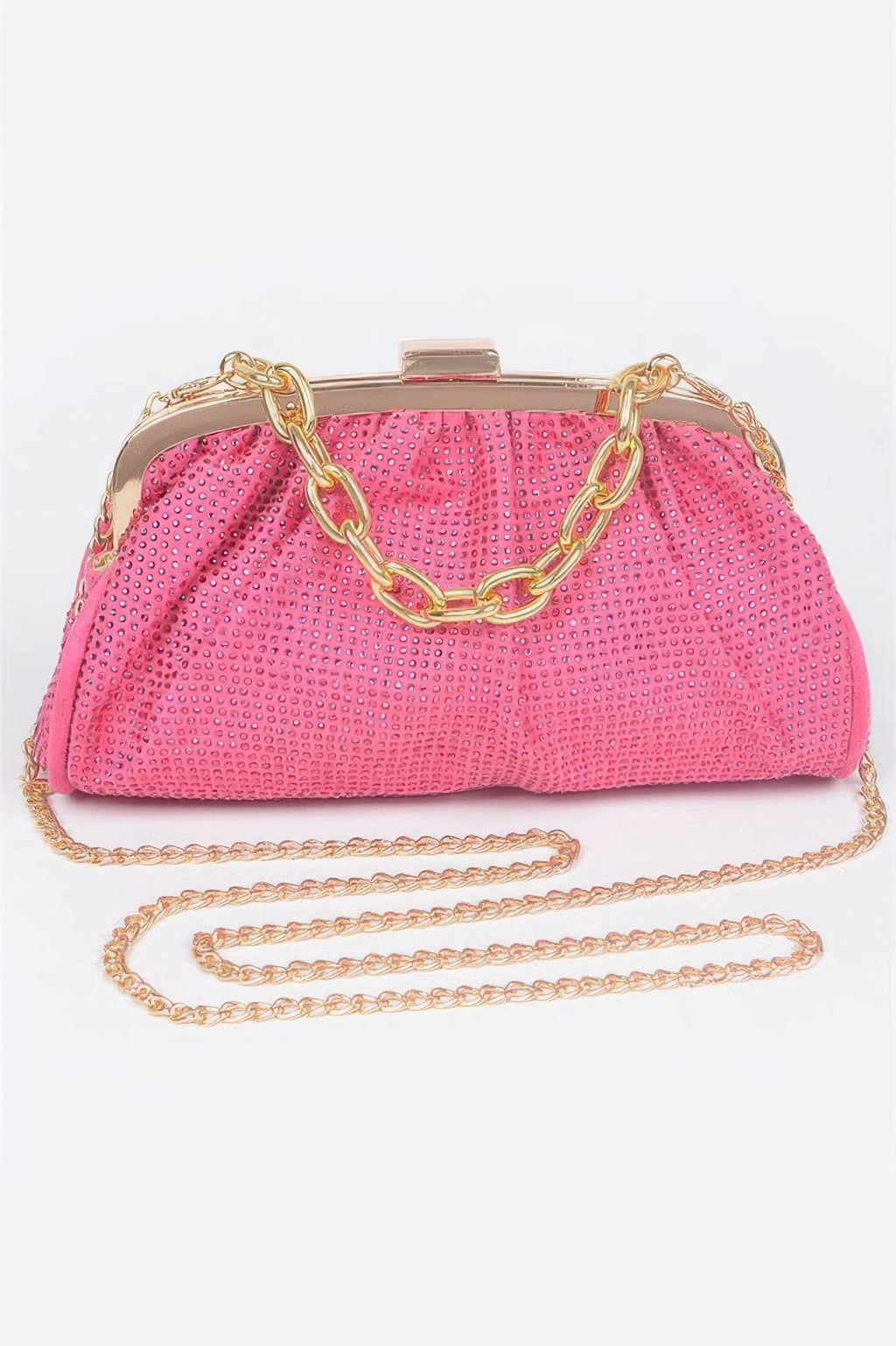Hotfix Party Clutch (Pink) with gold chain handle and rhinestone-like hotfix detailing.