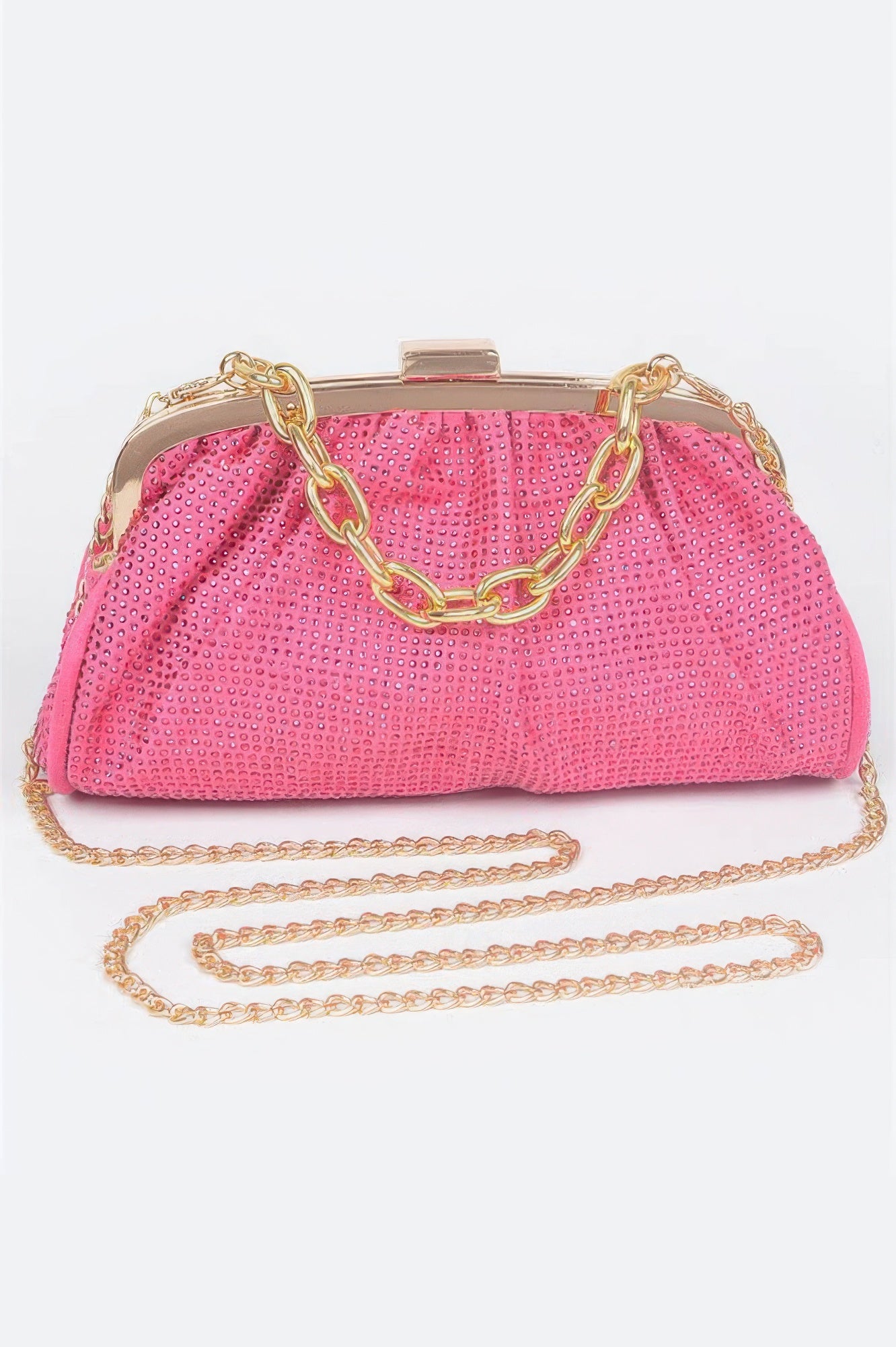 Hotfix Party Clutch (Pink) with gold chain handle and rhinestone-like hotfix detailing.