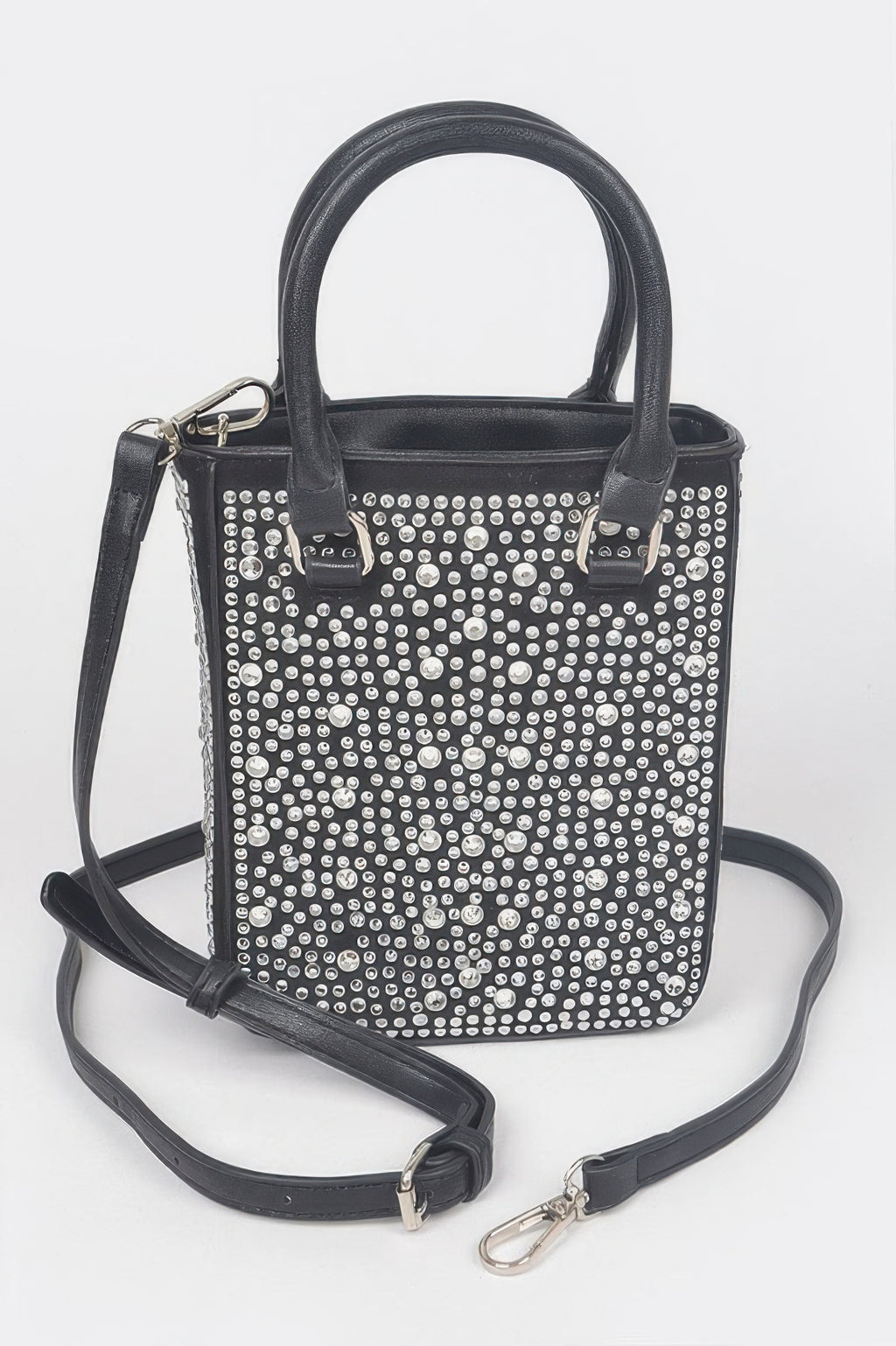 Hotfix Crossbody Bag in black with silver rhinestone dot pattern and top handles