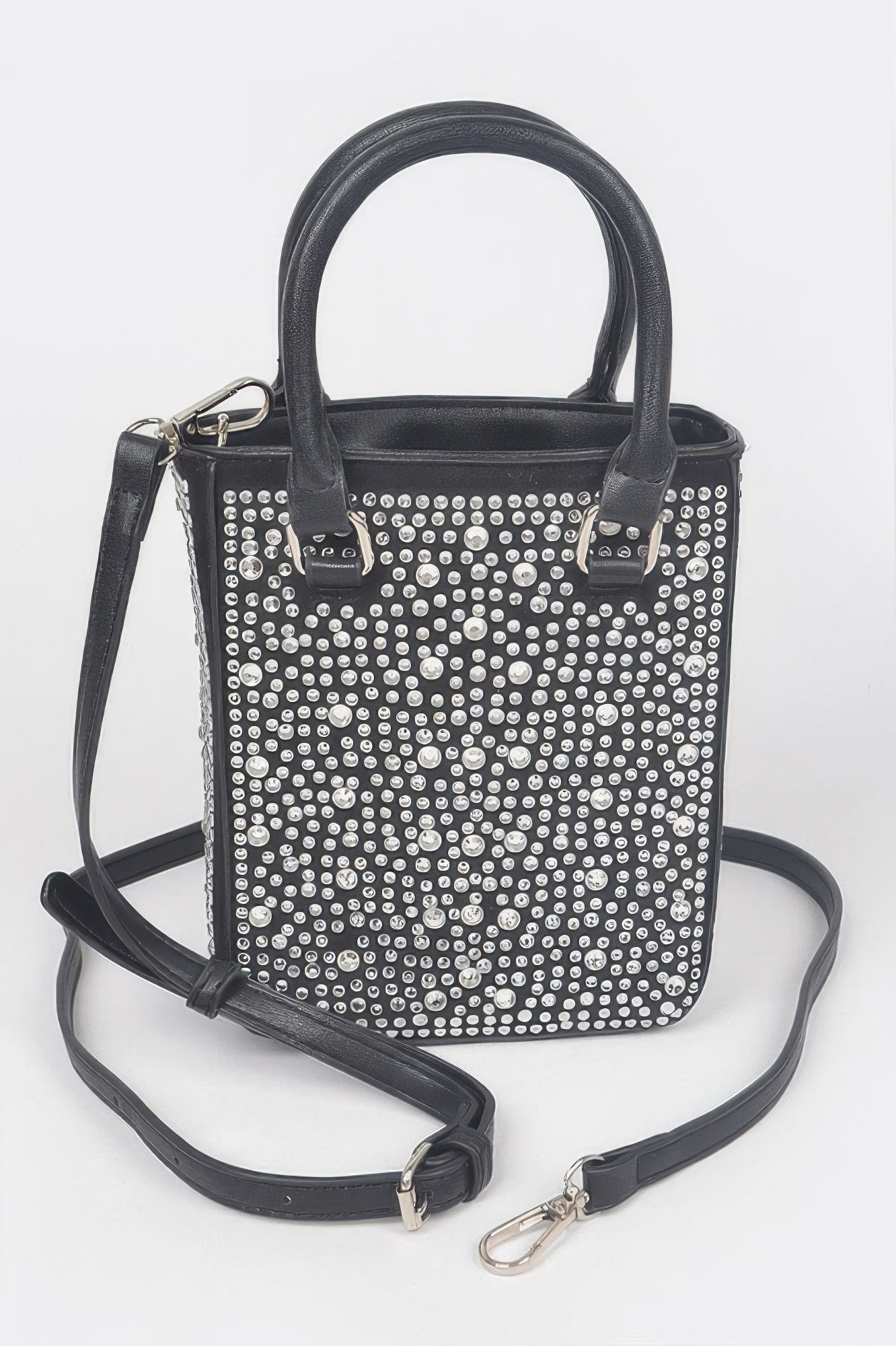 Hotfix Crossbody Bag in black with silver rhinestone dot pattern and top handles
