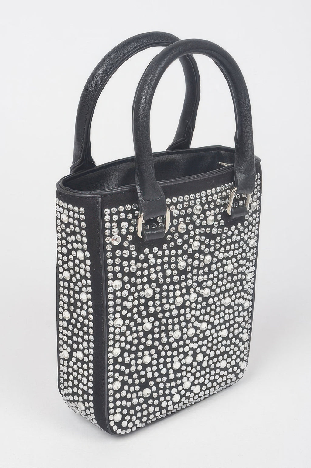 Black rhinestone-studded Hotfix crossbody bag with front pockets and adjustable strap