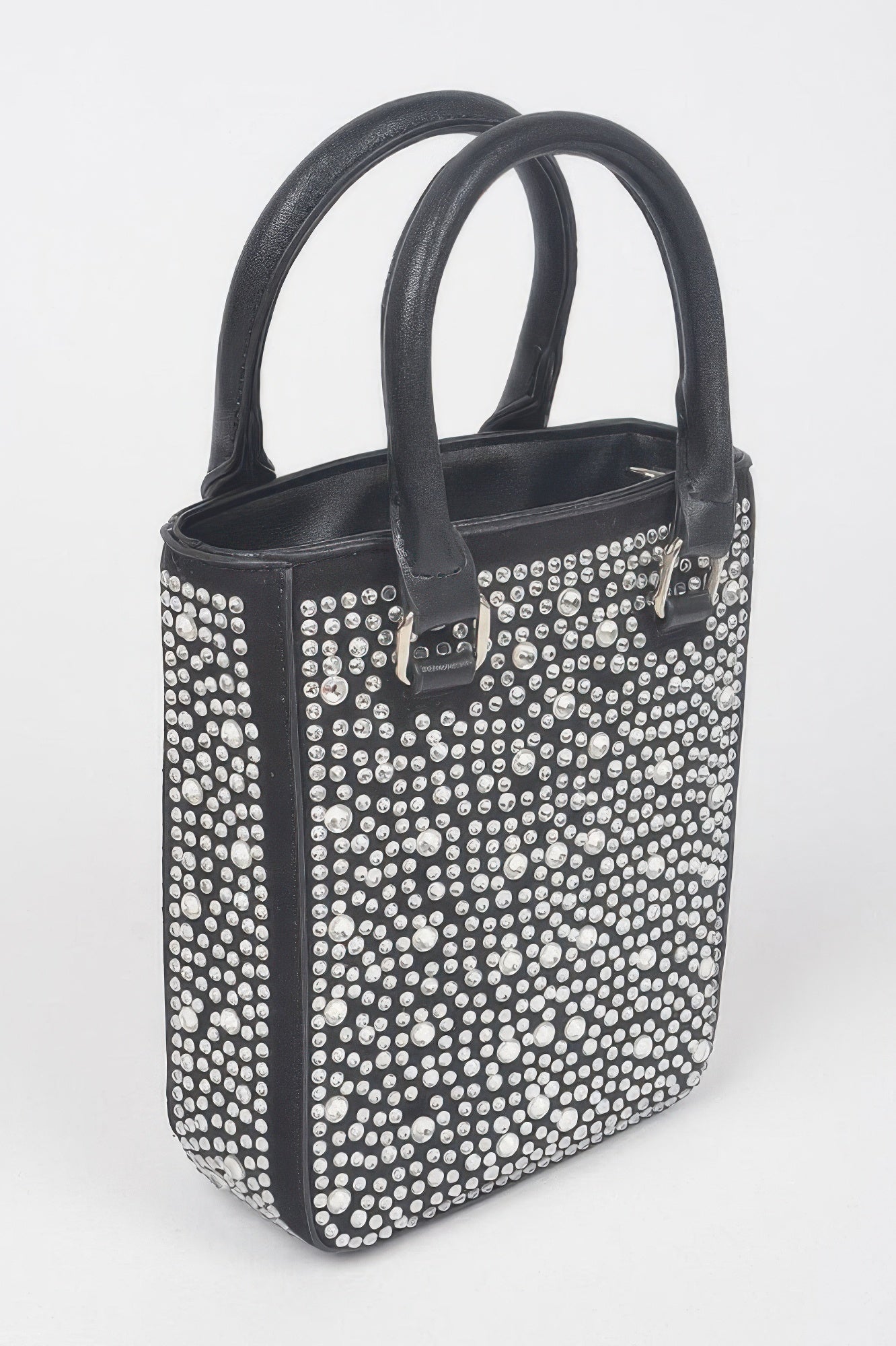 Black rhinestone-studded Hotfix crossbody bag with front pockets and adjustable strap
