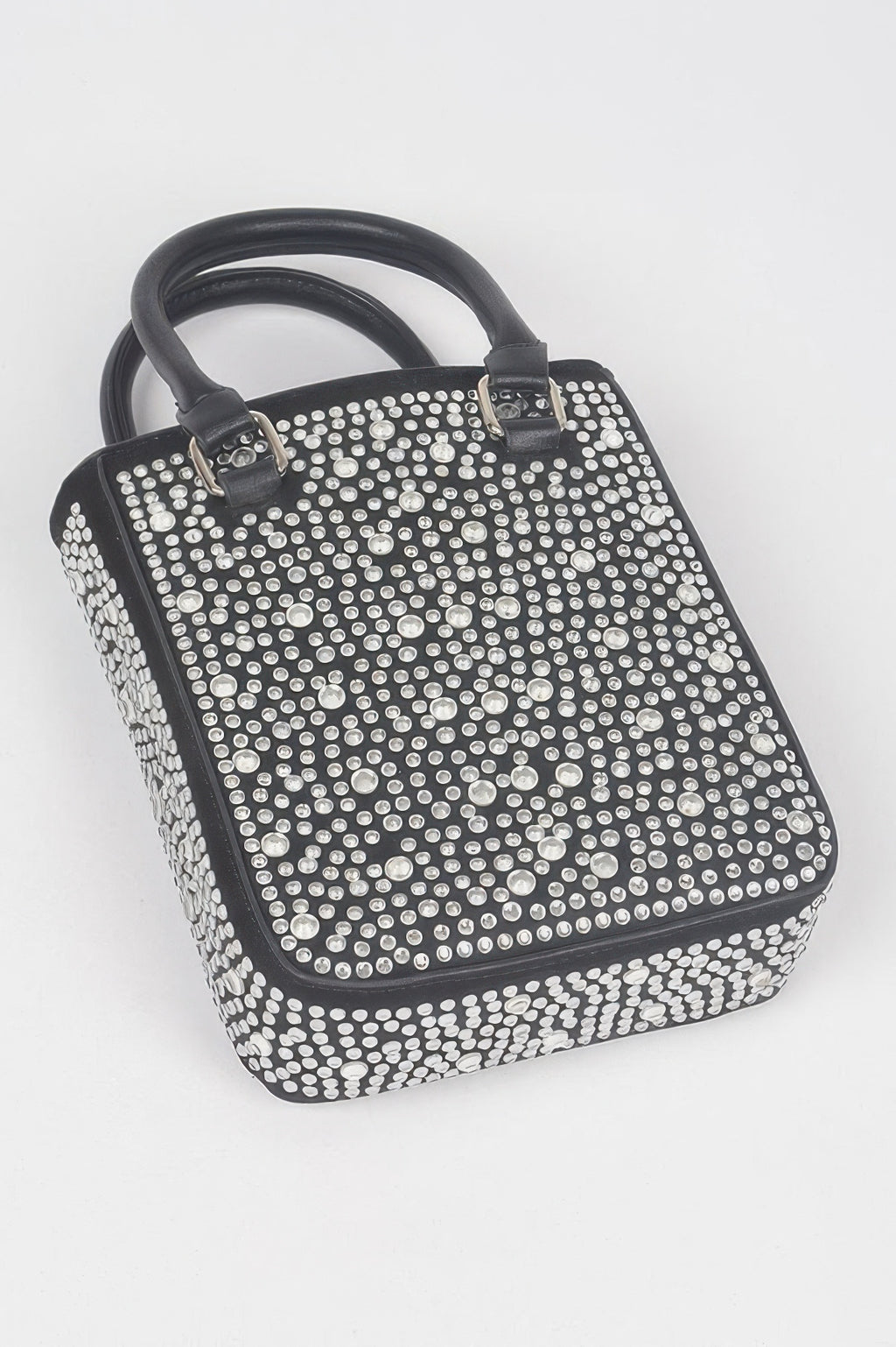 Hotfix crossbody bag with rhinestone mosaic design and structured rectangular shape