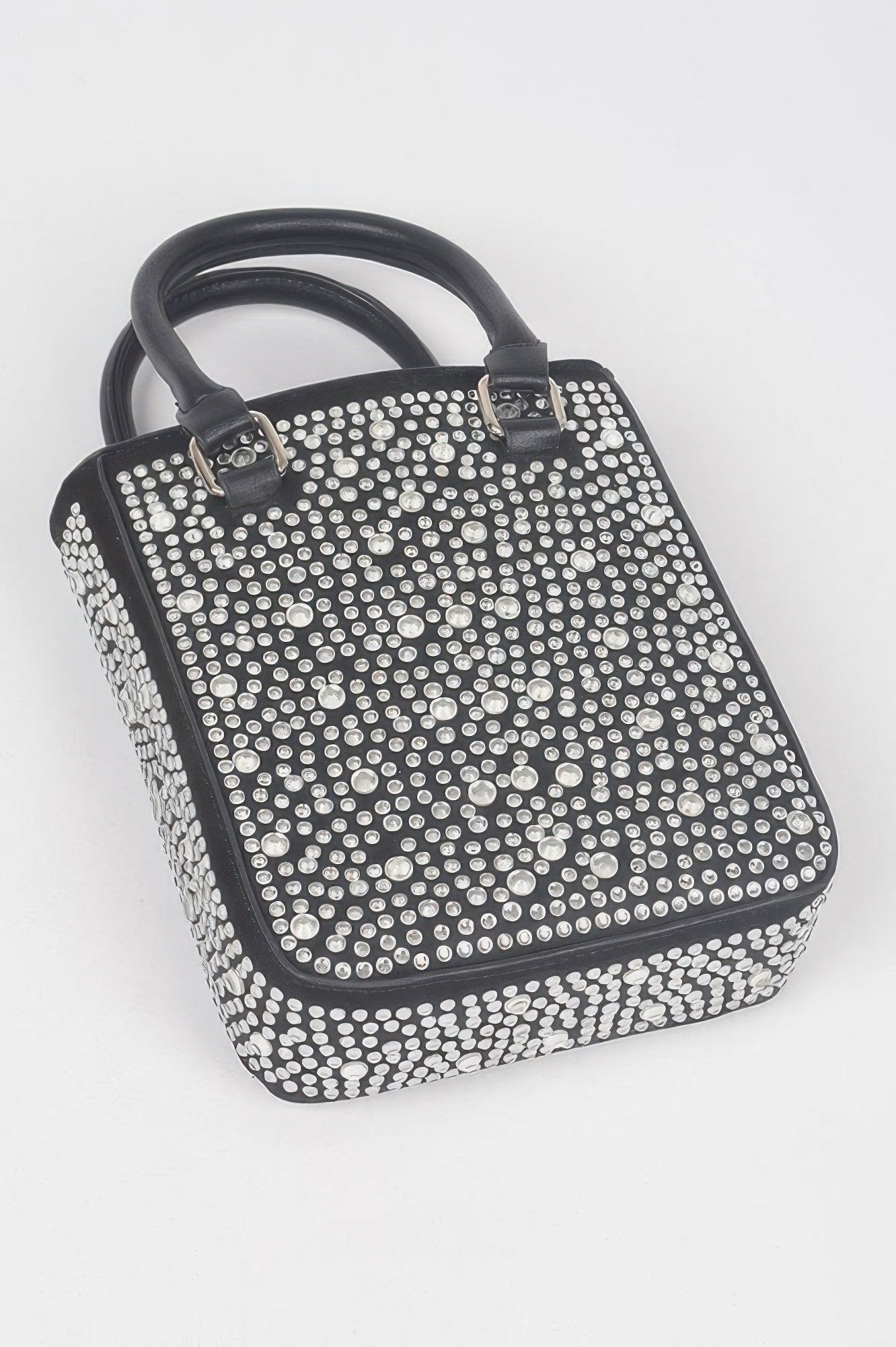 Hotfix crossbody bag with rhinestone mosaic design and structured rectangular shape