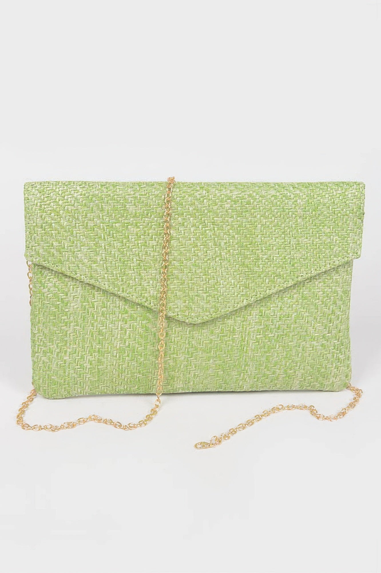 Faux straw envelope clutch, green with gold-tone chain strap and flap closure
