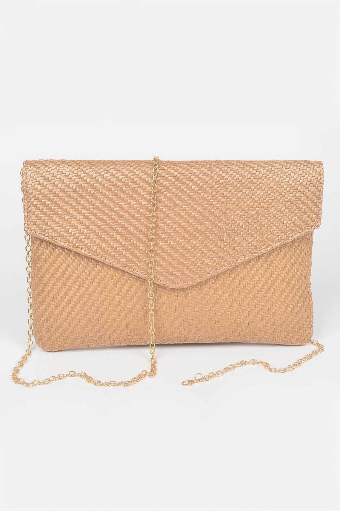 Faux straw envelope clutch, khaki woven texture with gold-tone chain strap and flap