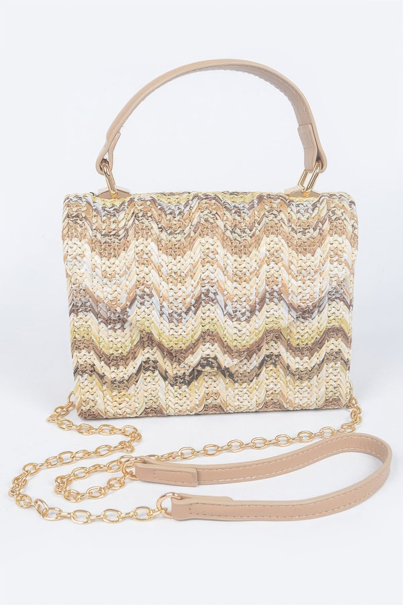 Faux straw top-handle flap bag with multicolor chevron weave and chain strap