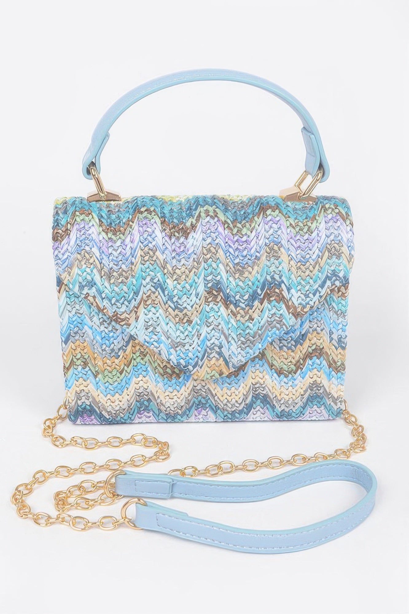 Faux straw top-handle flap bag, blue multicolor chevron weave with chain strap