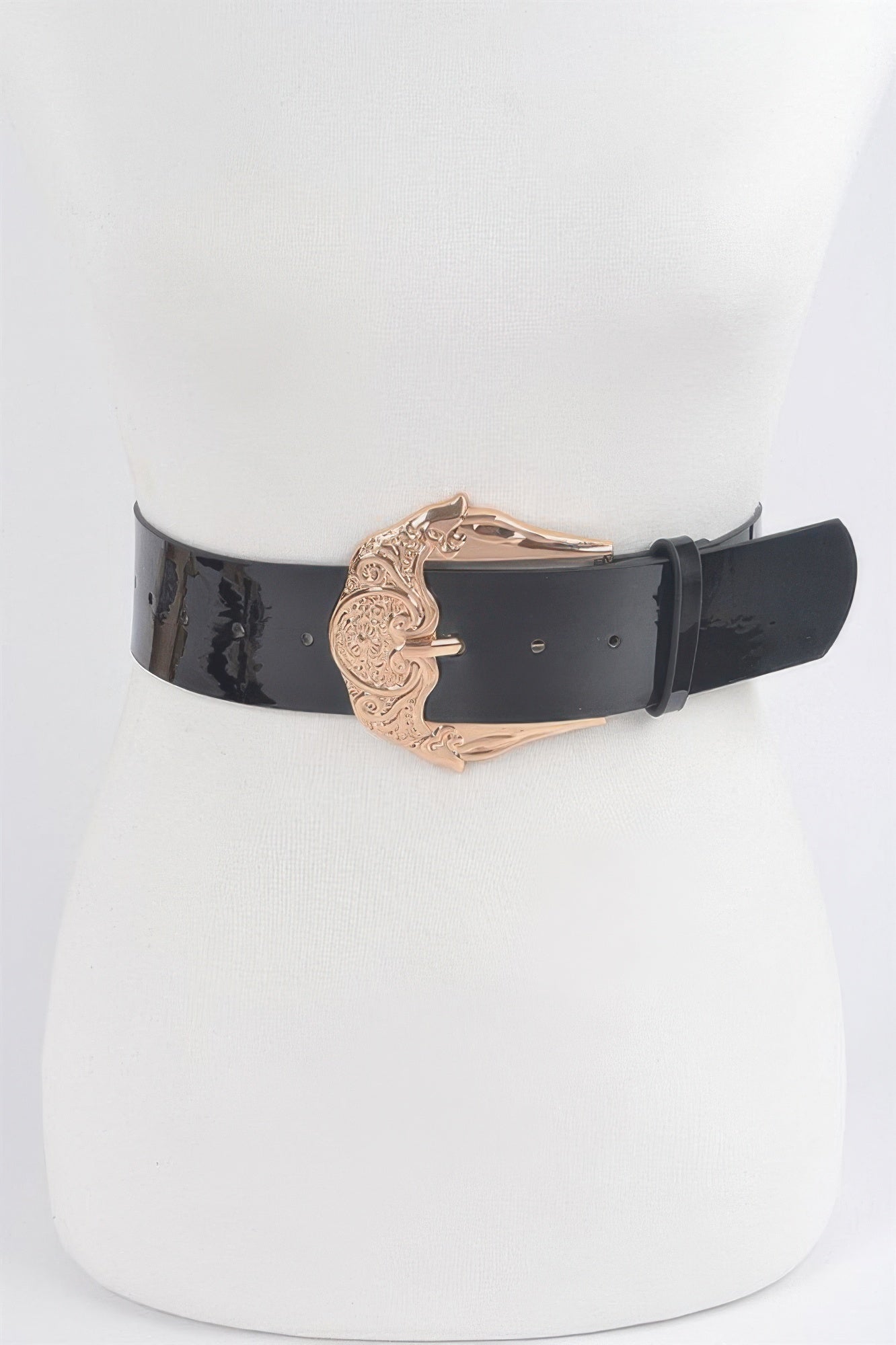 Shiny enamel belt in dark navy with ornate rose-gold metal buckle and adjustable strap