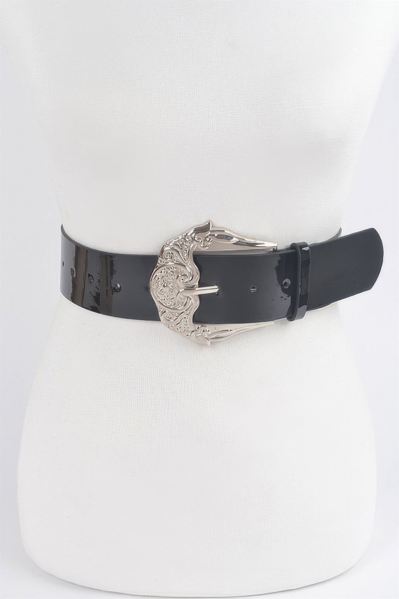Shiny enamel belt in black with ornate silver-tone metal buckle and side holes