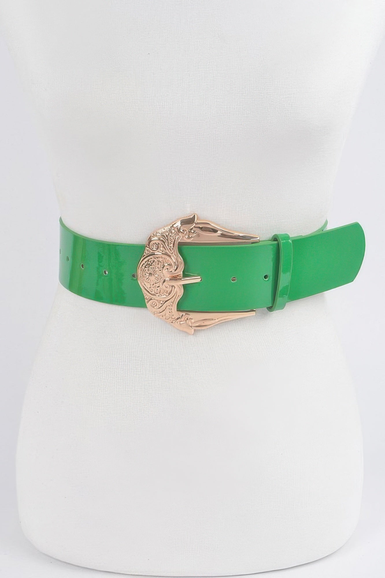 Shiny enamel belt in green with ornate gold-tone metal buckle and multiple holes