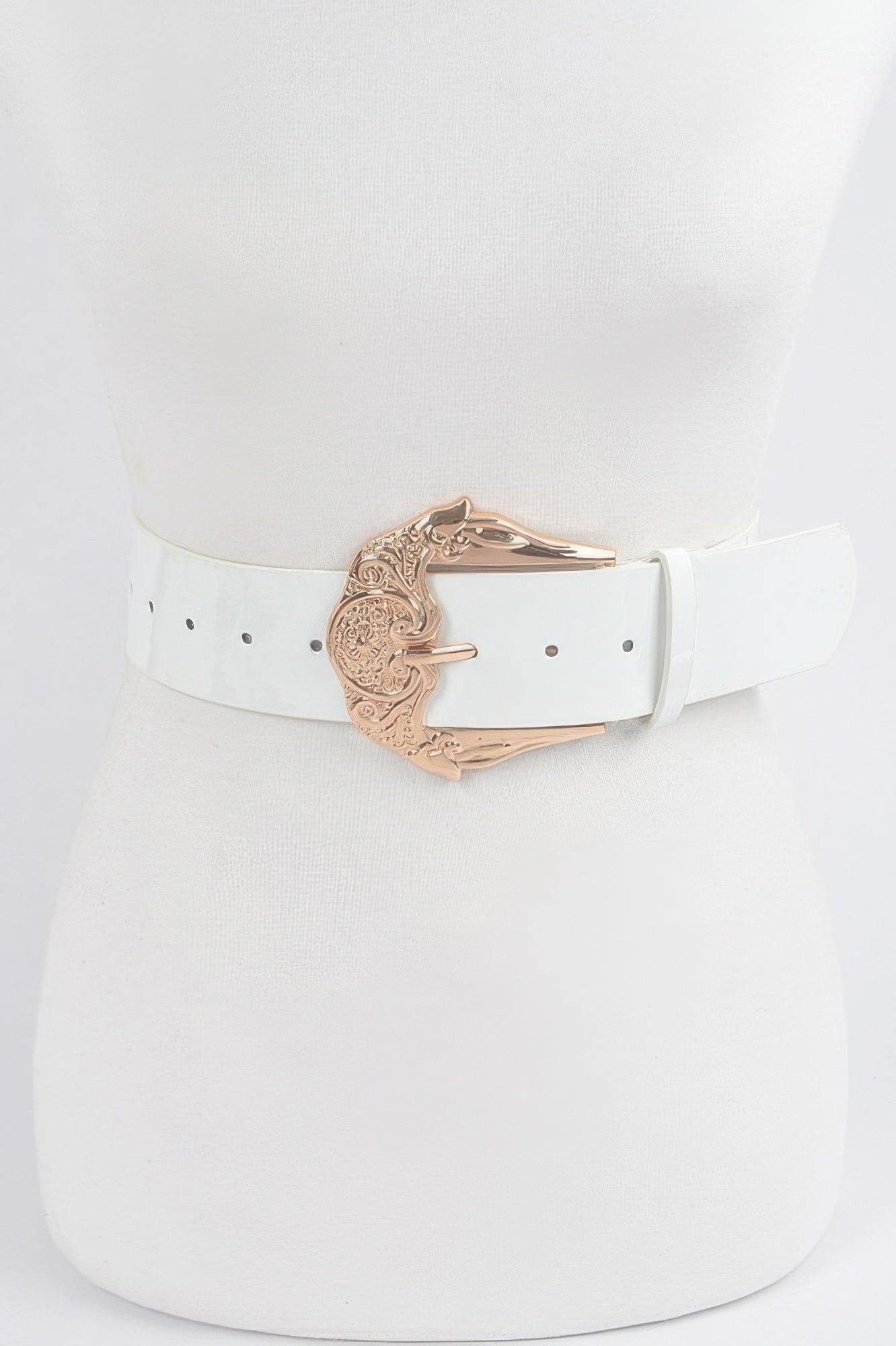 Shiny enamel belt in white with ornate rose-gold metal buckle and multiple holes