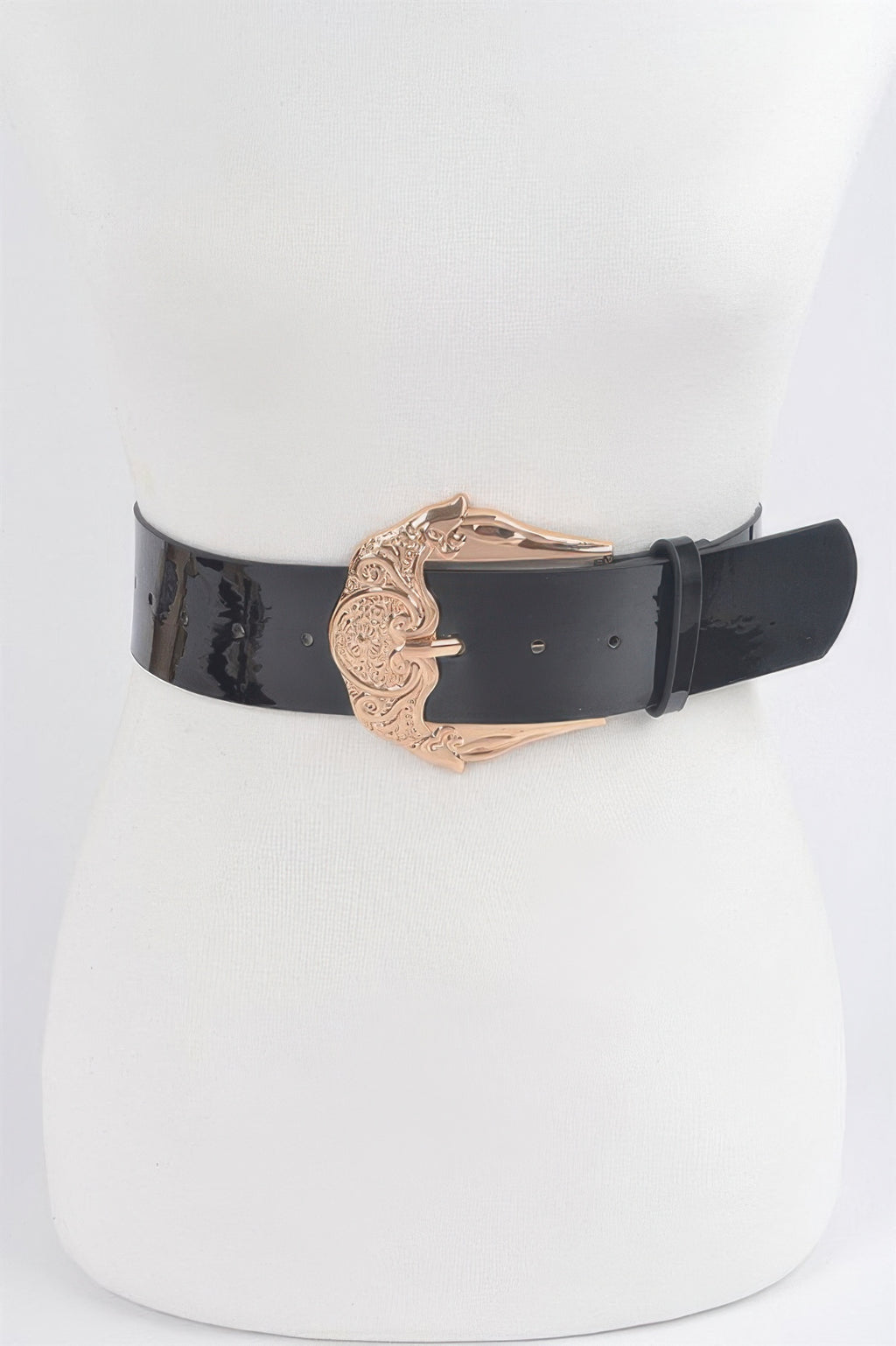 Plus Size metal buckle enamel shiny belt, black strap with rose-gold ornate buckle