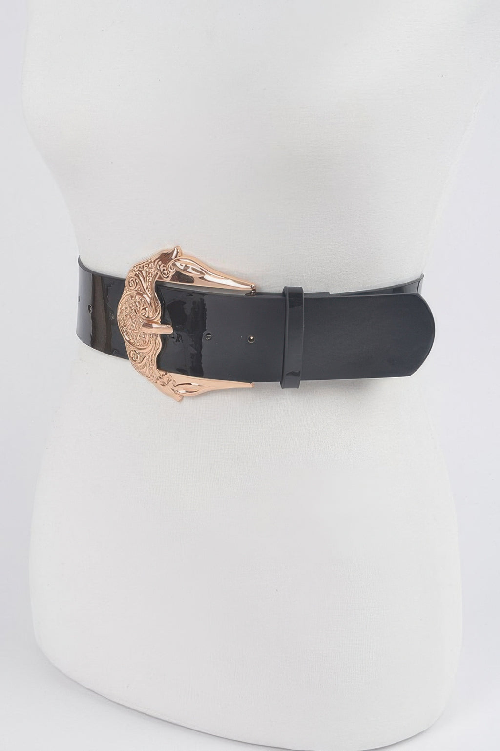 Plus Size metal buckle enamel shiny belt, glossy black strap with rose-gold buckle plate