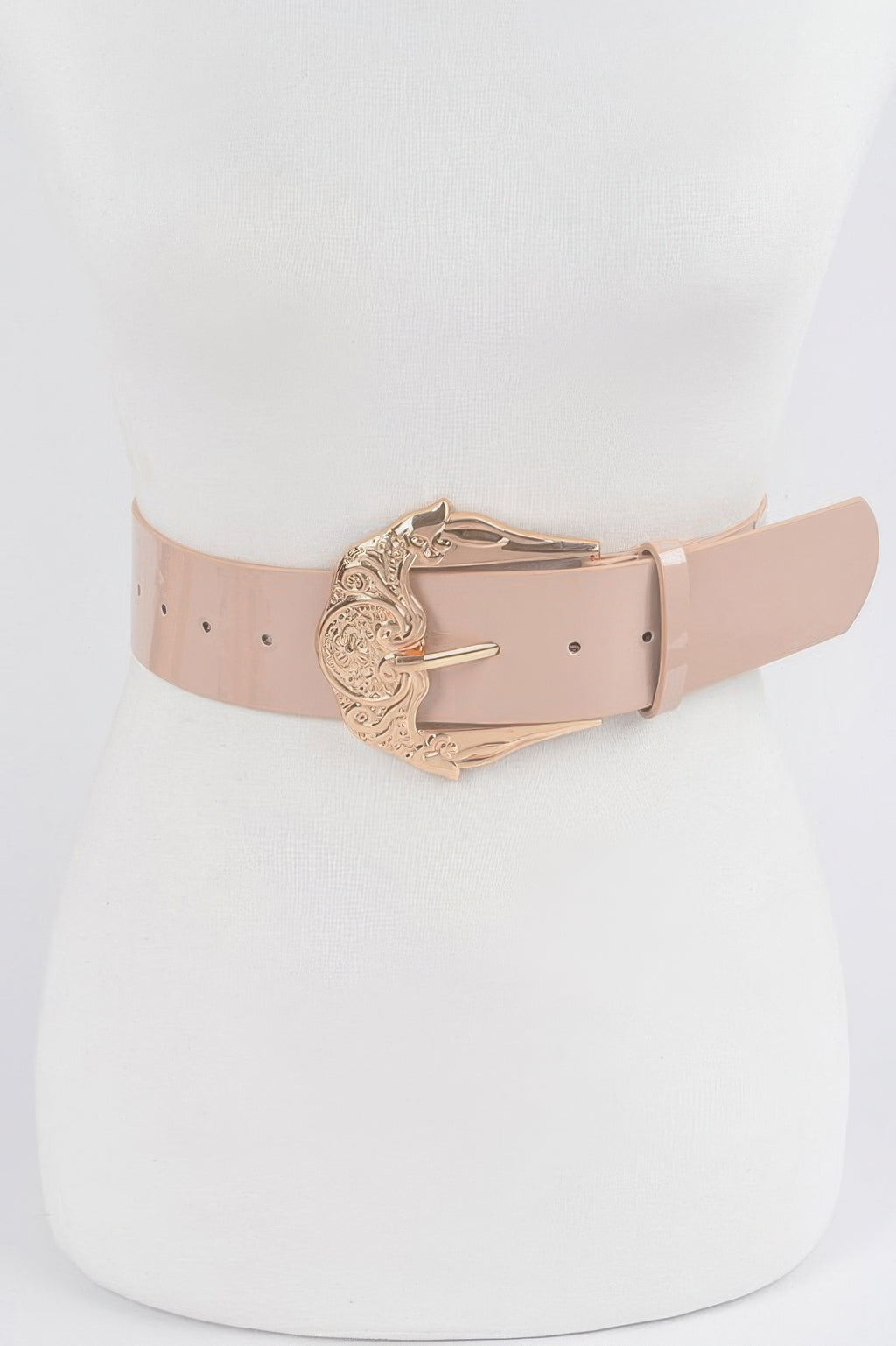 Plus Size metal buckle enamel shiny belt, nude-pink strap with rose-gold ornate buckle