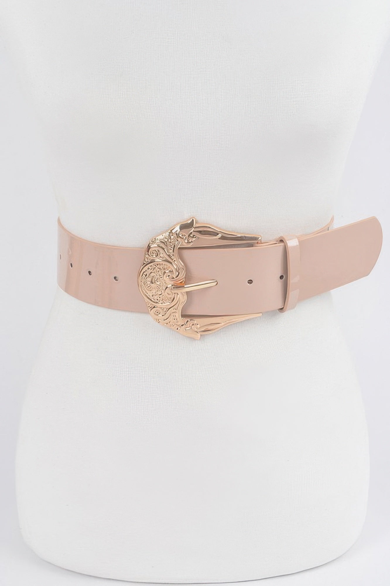 Plus Size metal buckle enamel shiny belt, nude-pink strap with rose-gold ornate buckle