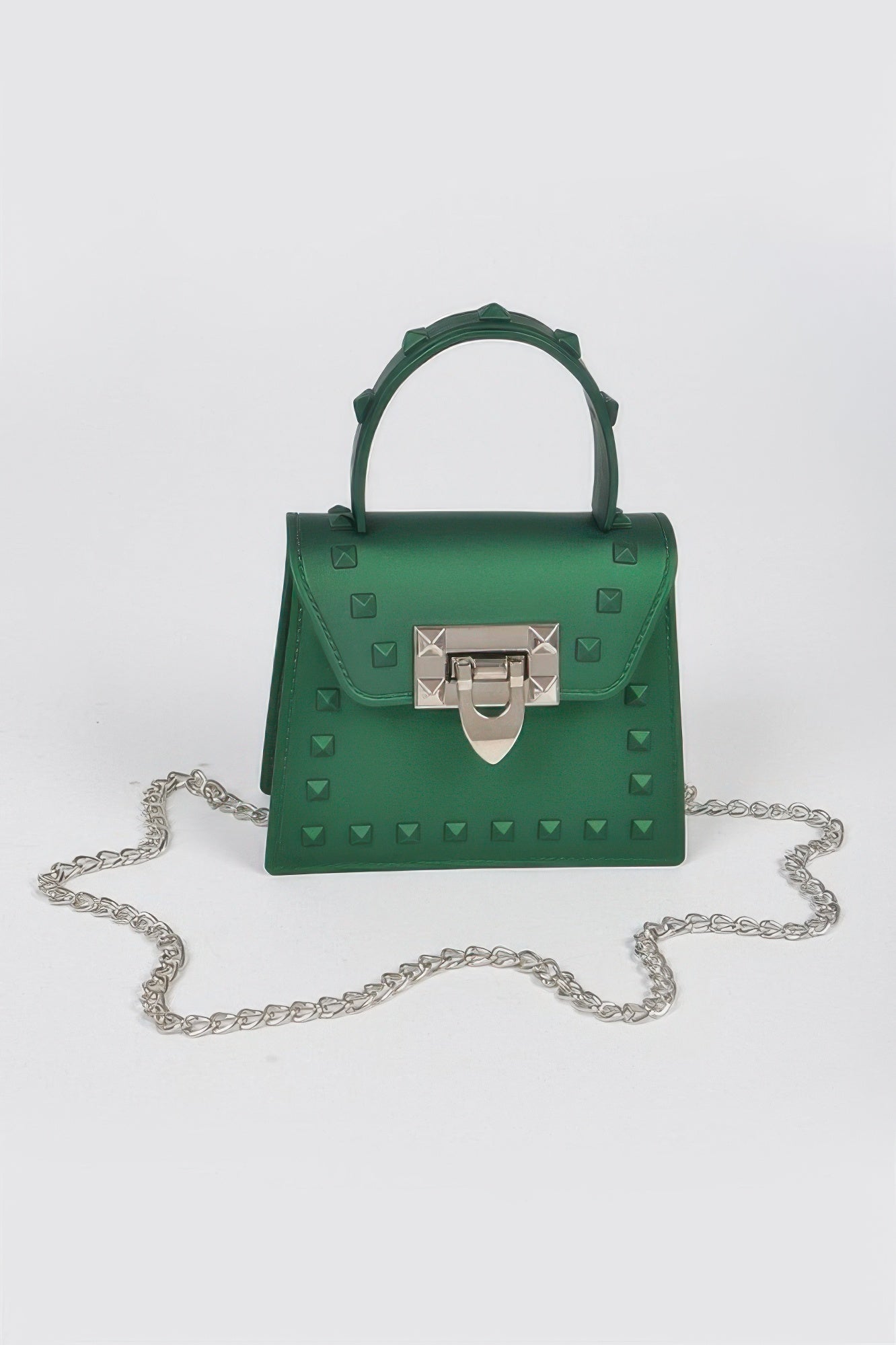 Jelly mini handbag in dark green with top handle, chain strap, studded front and clasp