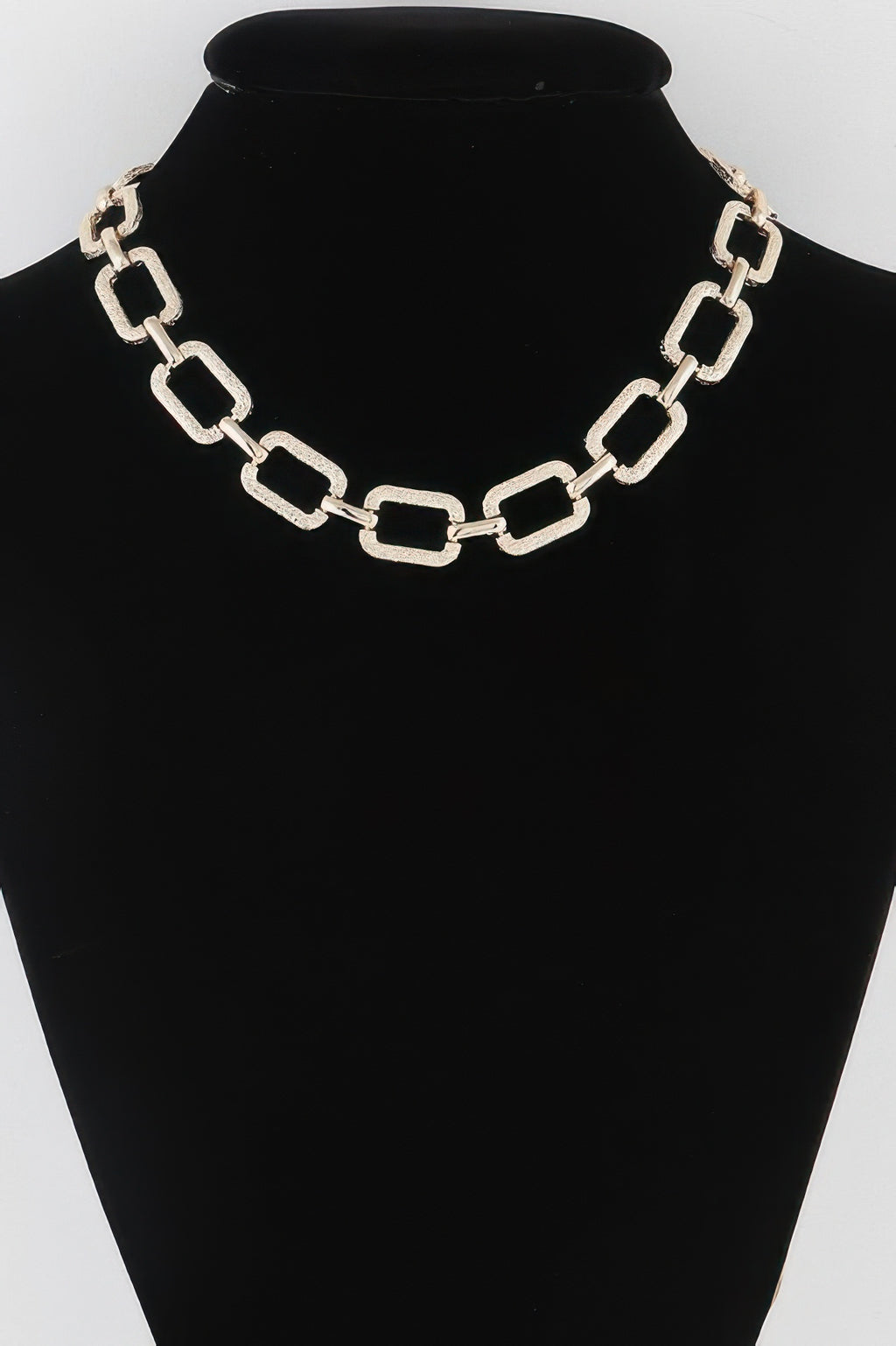 Silver chunky link chain necklace, rectangular links with textured finish