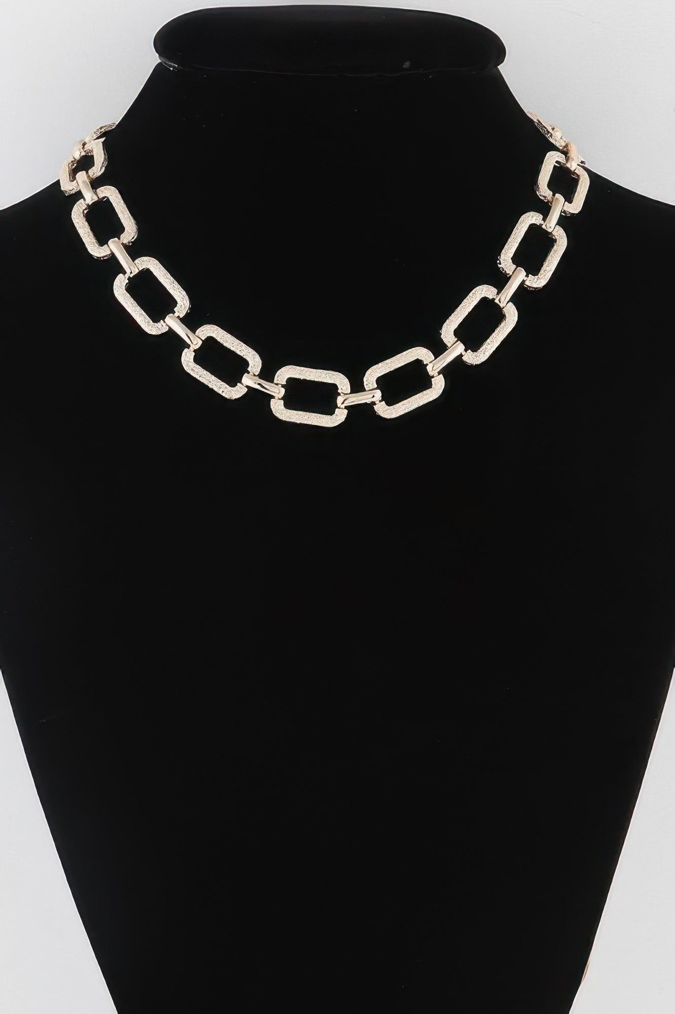 Silver chunky link chain necklace, rectangular links with textured finish