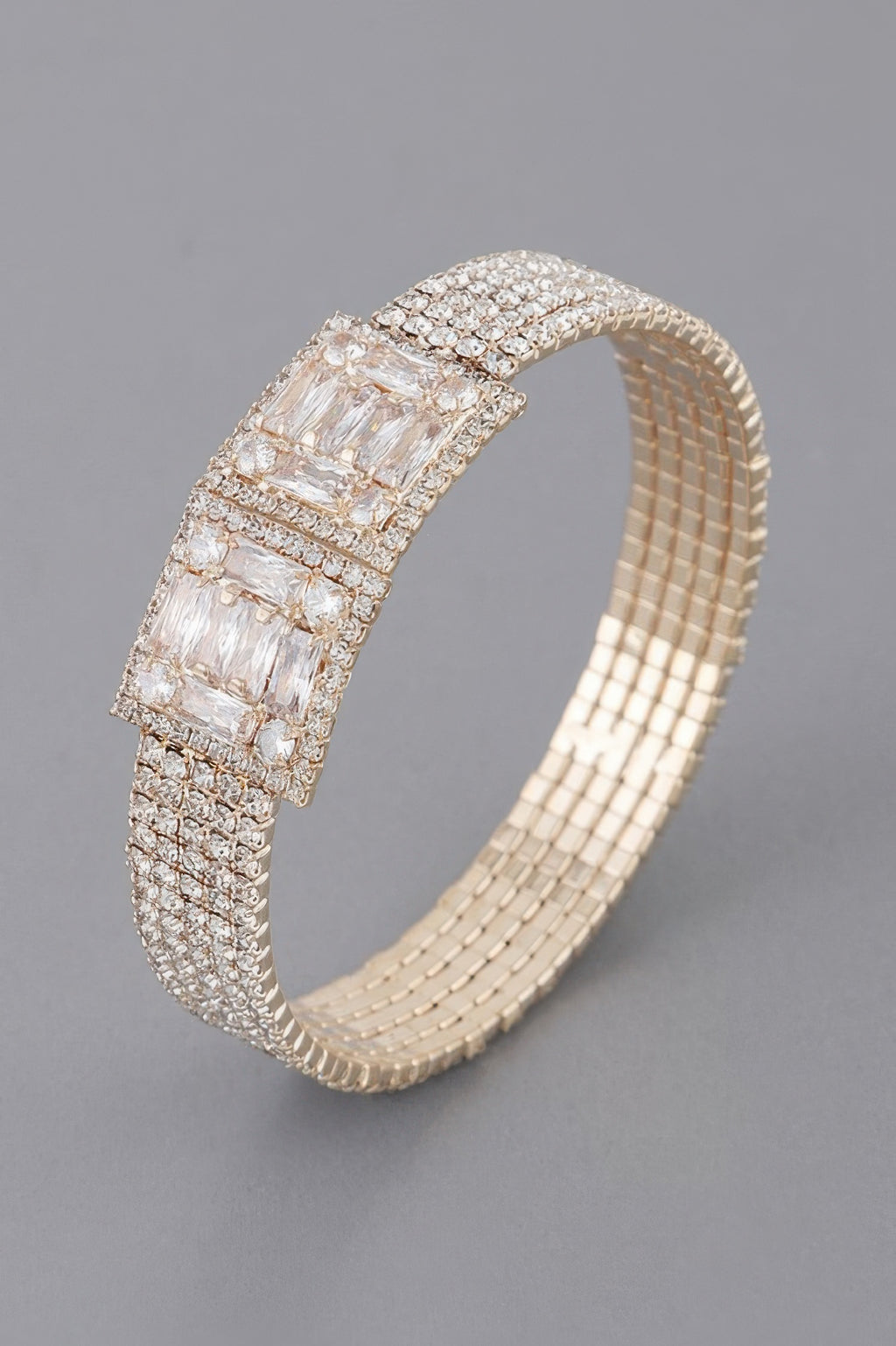 Crystal block bracelet in gold tone with clear rhinestone block pattern