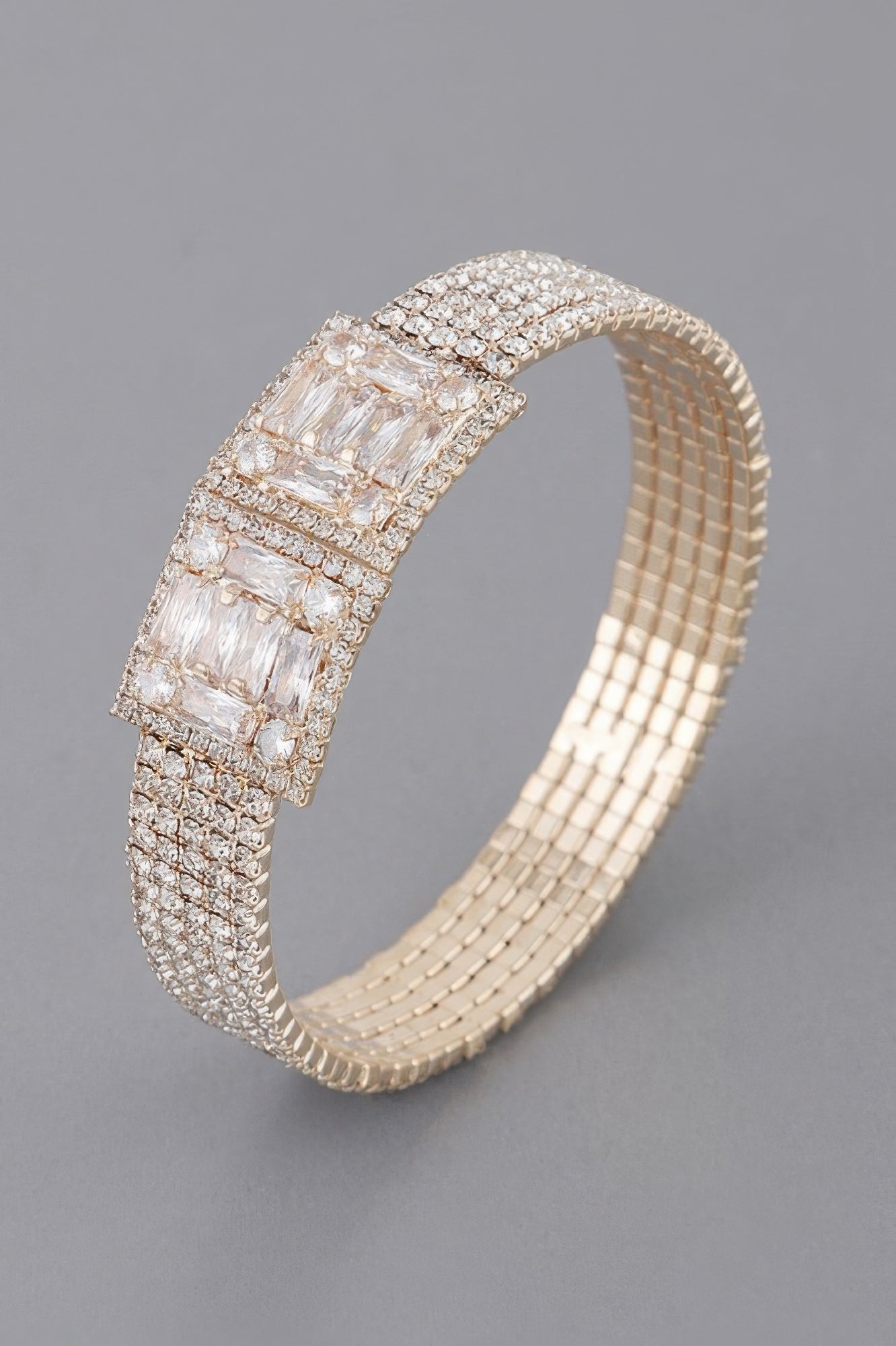 Crystal block bracelet in gold tone with clear rhinestone block pattern