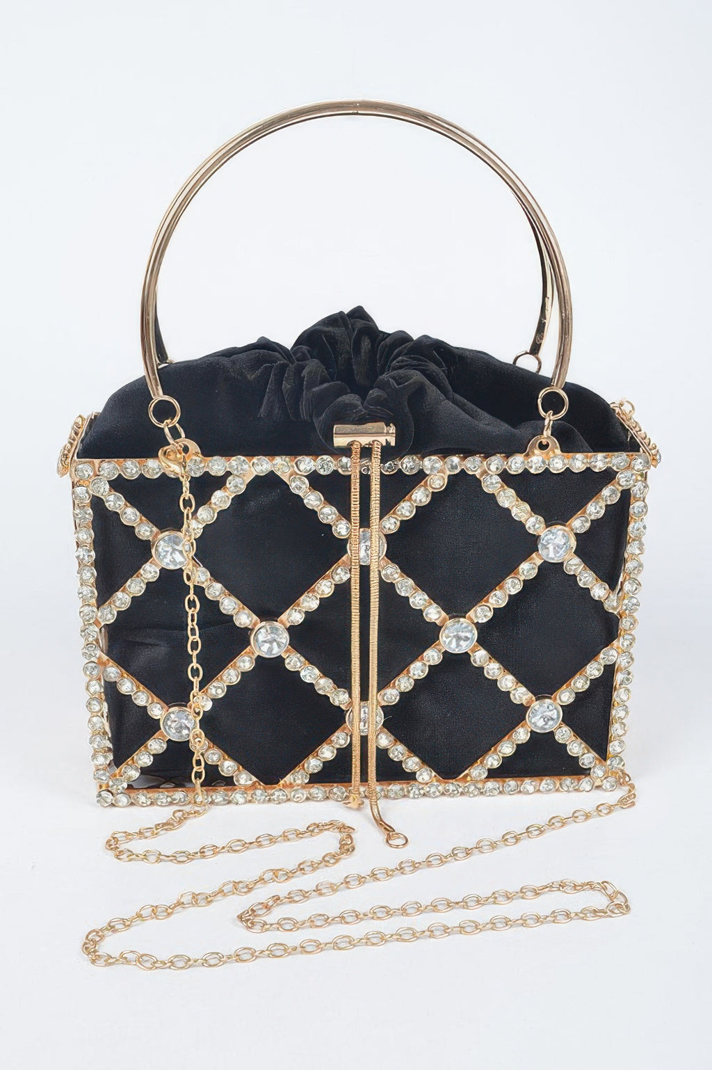 Black rhinestone metal frame clutch with top handle and chain, heart lattice front